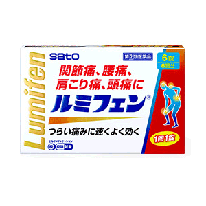 ルミフェン 医薬品区分 一般用医薬品 薬効分類 解熱鎮痛薬 製品名 ルミフェン 製品名（読み） ルミフェン 製品の特徴 ●非ステロイド系消炎鎮痛剤のアルミノプロフェンを配合しています。●炎症をしずめて，関節痛などの症状をおさえる働きや，熱を下げる働きがあります。 使用上の注意 ■してはいけないこと（守らないと現在の症状が悪化したり，副作用・事故が起こりやすくなります） 1．次の人は服用しないでください　（1）本剤又は本剤の成分によりアレルギー症状を起こしたことがある人。　（2）本剤又は他の解熱鎮痛薬，かぜ薬を服用してぜんそくを起こしたことがある人。　（3）15歳未満の小児。　（4）次の診断を受けた人。　　胃・十二指腸潰瘍　（5）出産予定日12週以内の妊婦。2．本剤を服用している間は，次のいずれの医薬品も服用しないでください　他の解熱鎮痛薬，かぜ薬，鎮静薬3．服用後，眠気，めまい，一時的な視力低下感があらわれた場合は，乗物又は機械類の運転操作をしないでください4．服用前後は飲酒しないでください5．長期連用しないでください ■相談すること 1．次の人は服用前に医師，歯科医師，薬剤師又は登録販売者にご相談ください　（1）医師又は歯科医師の治療を受けている人。　（2）妊婦又は妊娠していると思われる人。　（3）授乳中の人。　（4）高齢者。　（5）薬などによりアレルギー症状を起こしたことがある人。　（6）次の診断を受けた人。　　血液の病気，肝臓病，腎臓病，心臓病，気管支喘息，潰瘍性大腸炎，クローン病　（7）次の病気にかかったことのある人。　　胃・十二指腸潰瘍，血液の病気，肝臓病，腎臓病2．本剤のような解熱鎮痛薬を服用後，過度の体温低下，虚脱（力が出ない），四肢冷却（手足が冷たい）等の症状があらわれることがあります。その場合には，直ちに服用を中止し，この文書を持って医師，薬剤師又は登録販売者にご相談ください3．服用後，次の症状があらわれた場合は副作用の可能性がありますので，直ちに服用を中止し，この文書を持って医師，薬剤師又は登録販売者にご相談ください ［関係部位：症状］皮膚：発疹・発赤，かゆみ消化器：胃痛・腹痛，胃・腹部不快感，吐き気・嘔吐，胃のもたれ，食欲不振，口内炎，口のかわき精神神経系：眠気，口内しびれ感，指のしびれ感，声がれ，ふらつき感，頭痛，めまい循環器：動悸呼吸器：息苦しさその他：むくみ，発熱，鼻出血，味覚異常，脱毛，一過性の視力低下 まれに下記の重篤な症状が起こることがあります。その場合は直ちに医師の診療を受けてください。 ［症状の名称：症状］ショック（アナフィラキシー）：服用後すぐに，皮膚のかゆみ，じんましん，声のかすれ，くしゃみ，のどのかゆみ，息苦しさ，動悸，意識の混濁等があらわれる。皮膚粘膜眼症候群（スティーブンス・ジョンソン症候群），中毒性表皮壊死融解症：高熱，目の充血，目やに，唇のただれ，のどの痛み，皮膚の広範囲の発疹・発赤等が持続したり，急激に悪化する。胃・十二指腸潰瘍，消化管出血：みぞおち・上腹部痛を伴い，吐血や下血等の消化管出血があらわれる。肝機能障害：発熱，かゆみ，発疹，黄疸（皮膚や白目が黄色くなる），褐色尿，全身のだるさ，食欲不振等があらわれる。紅皮症（剥脱性皮膚炎）：高熱を伴って，発疹・発赤，かゆみが全身の皮膚にあらわれる。出血性ショック：脈拍数が増加し，顔色が青白くなり，手足が冷たくなり，冷や汗があらわれる。血液障害（再生不良性貧血，無顆粒球症）：のどの痛み，発熱，全身のだるさ，顔やまぶたのうらが白っぽくなる，出血しやすくなる（歯茎の出血，鼻血等），青あざができる（押しても色が消えない）等があらわれる。血液障害（溶血性貧血）：顔色が悪くなり，疲れやすくなり，だるさ，動悸・息切れがあらわれる。腎障害：発熱，発疹，尿量の減少，全身のむくみ，全身のだるさ，関節痛（節々が痛む），下痢等があらわれる。間質性肺炎：階段を上ったり，少し無理をしたりすると息切れがする・息苦しくなる，空せき，発熱等がみられ，これらが急にあらわれたり，持続したりする。うっ血性心不全：全身のだるさ，動悸，息切れ，胸部の不快感，胸が痛む，めまい，失神等があらわれる。無菌性髄膜炎：首すじのつっぱりを伴った激しい頭痛，発熱，吐き気・嘔吐等の症状があらわれる。（このような症状は，特に全身性エリテマトーデス又は混合性結合組織病の治療を受けている人で多く報告されている。）ぜんそく：息をするときゼーゼー，ヒューヒューと鳴る，息苦しい等があらわれる。 4．服用後，次の症状があらわれることがありますので，このような症状の持続又は増強が見られた場合には，服用を中止し，この文書を持って医師，薬剤師又は登録販売者にご相談ください　便秘，下痢5．1〜2回服用しても症状がよくならない場合は服用を中止し，この文書を持って医師，歯科医，は薬剤師又は登録販売者ご相談ください（他の疾患の可能性も考えられます） 効能・効果 （1）関節痛・腰痛・肩こり痛・咽のど痛・頭痛・歯痛・抜歯後の疼痛・耳痛・神経痛・筋肉痛・打撲痛・骨折痛・捻挫痛・月経痛（生理痛）・外傷痛の鎮痛（2）悪寒・発熱時の解熱 用法・用量 症状があらわれた時，下記の1回服用量を，なるべく空腹時をさけて服用します。服用間隔は4時間以上おいてください。 ［年齢：1回服用量：1日服用回数］成人（15歳以上）：1錠：通常2回まで（ただし，再度症状があらわれた場合には3回目を服用できます）15歳未満：服用しないでください 用法関連注意 （1）定められた用法・用量を厳守してください。（2）錠剤の取り出し方　錠剤の入っているPTPシートの凸部を指先で強く押して裏面のアルミ箔を破り，取り出してお飲みください。　（誤ってそのまま飲み込んだりすると食道粘膜に突き刺さる等思わぬ事故につながります。） 成分分量 1錠中 成分 分量 アルミノプロフェン 200mg 添加物 乳糖，トウモロコシデンプン，ヒドロキシプロピルセルロース，タルク，ステアリン酸Mg，ヒプロメロース，マクロゴール，白糖，炭酸Ca，ポビドン，酸化チタン，カルナウバロウ 保管及び取扱い上の注意 （1）直射日光の当たらない湿気の少ない涼しい所に保管してください。（2）小児の手の届かない所に保管してください。（3）他の容器に入れ替えないでください。　（誤用の原因になったり品質が変わるおそれがあります。）（4）使用期限をすぎた製品は，服用しないでください。 消費者相談窓口 会社名：佐藤製薬株式会社問い合わせ先：お客様相談窓口電話：03-5412-7393 受付時間：9：00〜17：00（土，日，祝日を除く） 製造販売会社 佐藤製薬株式会社 東京都港区元赤坂1丁目5番27号 剤形 錠剤 リスク区分等 第「2」類医薬品 広告文責：株式会社エナジー　0242-85-7380 文責：株式会社エナジー　登録販売者　山内和也 【広告文責】 株式会社エナジー　0242-85-7380（平日10:00-17:00） 登録販売者　山内和也 薬剤師　山内典子 原産国・区分 日本・【第(2)類医薬品】 使用期限：使用期限まで1年以上あるものをお送りいたします。 医薬品販売に関する記載事項はこちら使用期限：使用期限まで1年以上あるものをお送りいたします。