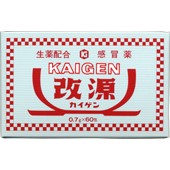 効能・効果 かぜの諸症状（のどの痛み、せき、たん、 悪寒、発熱、頭痛、関節の痛み、筋肉の 痛み)の緩和 剤形：散剤 用法・用量 次の1回量を1日3回、食後なるべく 30分以内に茶湯又は湯水で服用してください。 15才以上1包 11才以上〜15才未満2／3包 7才以上〜11才未満1／2 3才以上〜7才未満1／3包 1才以上〜3才未満1／4包 成　　　分 大人1日量3包（2,100mg）中に次の成分を 含んでいます。 成　　分 アセトアミノフェン　900mg 熱を下げ、頭痛、関節の痛みなどをやわら げる。 dl-塩酸メチルエフェドリン　30mg せきをしずめ、のどを楽にする。 無水カフェイン　75mg 頭痛をやわらげる。 カンゾウ末　200mg せきをしずめ、たんを出しやすくし、 かぜの回復を助ける。 ケイヒ末　200mg 頭痛をやわらげ、熱を下げ、かぜの 回復を助ける。 ショウキョウ末　100mg せきをしずめ、かぜの回復を助ける。 アマチャ末　120mg 添加物として左記を含有します。 また、改源は味と香りの点に留意しており 茶湯でのむとき特にのみやすくなるよう、 これらの賦形薬を配合しております。　　　　　　　　　　　　　 l-メントール　5.0mg d-ボルネオール　9.0mg チョウジ油　0.6mg バニリン　0.52mg 香料　微量 無水リン酸水素カルシウム　459.88mg 使用上の注意 ご使用に際しては、使用上の注意をよく読み、用法・用量を正しく守ってお使いください。 1. 授乳中の人は本剤を服用しないか、本剤を服用する場合は授乳を避けること 2. 服用に際しては、添付文書をよく読むこと ●使用上の注意 ■相談すること 1．次の人は服用前に医師又は薬剤師に相談すること。　（1）医師の治療を受けている人。　（2）妊婦又は妊娠していると思われる人。　（3）体の虚弱な人（体力の衰えている人，体の弱い人）　（4）胃腸の弱い人。　（5）発汗傾向の著しい人。　（6）高齢者。　（7）今までに薬による発疹・発赤，かゆみ等を起こしたことがある人。　（8）次の症状のある人。　　むくみ，排尿困難。　（9）次の診断を受けた人。　　高血圧，心臓病，腎臓病，甲状腺機能障害2．次の場合は直ちに服用を中止し，この製品を持って医師又は，薬剤師に相談すること。　（1）服用後次の症状があらわれた場合 ［関係部位：症状］皮ふ：発疹・発赤，かゆみ消化器：悪心，食欲不振，胃部不快感 まれに次の重篤な症状が起こることがあります。その場合は直ちに医師の診療を受けること。 ［症状の名称：症状］肝機能障害：全身のだるさ，黄疸（皮ふや白目が黄色くなる）等があらわれる。偽アルドステロン症：尿量が減少する，顔や手足がむくむ，まぶたが重くなる，手がこわばる，血圧が高くなる，頭痛等があらわれる。 　（2）5〜6回服用しても症状がよくならない場合3．長期連用する場合には，医師又は薬剤師に相談すること 3. 直射日光のあたらない湿気の少ない涼しいところに密栓して保管すること 保管及び取り扱い上の注意 1、直射日光の当たらない湿気の少ない涼しい所に保管してください。 2、小児の手の届かない所に保管してください。 3、1包を分割し服用した残りは、包み紙をもとどおりに折り返して保管し、 2日以内に服用してください。 4、他の容器に入れ替えないで下さい。（誤用の原因になったり、品質がかわる。) 　　大入包装（60包）に添付している袋は携帯用として使用してさしつかえありません。 5、外箱に表示の期限内にご使用ください。 広告文責：株式会社エナジー 0242-85-7380 製造販売：　株式会社カイゲン 　06-6202-8971 区分：日本製・第2類医薬品 文責：株式会社エナジー　登録販売者　山内和也 医薬品の保管 及び取り扱い上の注意&nbsp; (1)直射日光の当たらない涼しい所に密栓して保管してください。 (2)小児の手の届かない所に保管してください。 (3)他の容器に入れ替えないでください。 （誤用の原因になったり品質が変わる。） (4)使用期限（外箱に記載）の過ぎた商品は使用しないでください。 (5) 一度開封した後は期限内であってもなるべく早くご使用ください。 お問い合わせ先：カイゲンファーマ株式会社 お客様相談室　電話：06-6202-8911 受付時間：9：00〜17：00（土曜，日曜，祝日を除く） 製造販売会社 カイゲンファーマ（株） 添付文書情報 会社名：カイゲンファーマ株式会社 住所：大阪市中央区道修町二丁目5番14号 使用期限：使用期限まで1年以上あるものをお送りいたします。 医薬品販売に関する記載事項はこちら使用期限：使用期限まで1年以上あるものをお送りいたします。