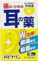 医薬品区分 一般用医薬品 薬効分類 点耳薬 製品名 パピナリン 製品の特徴 パピナリンは，アミノ安息香酸エチルおよびプロカイン塩酸塩の鎮痛作用，フェノール，アクリノール水和物およびホモスルファミンの殺菌作用などにより，耳鳴，耳漏，耳掻痒，耳痛，外聴道炎，中耳炎に効果を発揮します。 使用上の注意 【使用上の注意】 ■してはいけないこと （守らないと現在の症状が悪化したり，副作用・事故が起こりやすくなります） 1．長期連用しないで下さい 2．点耳用にのみ使用し，眼や鼻に使用しないで下さい ■相談すること 1．次の人は使用前に医師，薬剤師又は登録販売者に相談して下さい 　（1）医師の治療を受けている人。 　（2）薬などによりアレルギー症状（例えば発疹・発赤，かゆみ等）を起こしたことがある人。 　（3）鼓膜が破れている人。 　（4）患部が化膿している人。 2．使用後，次の症状があらわれた場合は副作用の可能性があるので，直ちに使用を中止し，この文書を持って医師，薬剤師又は登録販売者に相談して下さい ［関係部位：症状］ 耳：化膿症状，はれ，刺激感 皮膚：発疹・発赤，かゆみ 3．5〜6日間使用しても症状がよくならない場合は，使用を中止し，この文書を持って医師，薬剤師又は登録販売者に相談して下さい 効能・効果 耳漏，耳痛，耳そう痒，外聴道炎，耳鳴，中耳炎 効能関連注意 用法・用量 1回に1〜3滴を耳内に滴下するか，精製綿（脱脂綿）を小球として本液を浸して耳内に挿入して下さい。 ［使用方法］ 1．点耳する場合 耳を上に向けて横になって下さい。スポイトに薬液をとり，スポイトを耳の入口の壁に密着させて1回1〜3滴点耳して下さい。 2．精製綿（脱脂綿）を使用する場合 精製綿（脱脂綿）を小豆大に丸めて薬液を浸し，ピンセットで耳の入口に挿入して下さい。綿が乾いたら取り出して下さい。 3．小児に使用する場合 綿棒に精製綿（脱脂綿）を小さく巻き，薬液を少量浸して耳の入口に軽く塗布して下さい。 　※1日1〜2回を目安にご使用下さい。 用法関連注意 定められた用法・用量を守って下さい。 （1）小児に使用させる場合には，保護者の指導監督のもとに使用させて下さい。 （2）目に入らないように注意して下さい。万一，目に入った場合には，すぐに水又はぬるま湯で洗って下さい。なお，症状が重い場合には，眼科医の診療を受けて下さい。 （3）耳にのみ使用して下さい。 （4）使用前によく振とう（振って）して下さい。 （5）使用の際の薬液の温度が低いと，めまいを起こすおそれがあるので，使用時には，できるだけ体温に近い状態で使用して下さい。 成分分量 100g中 フェノール・・・・・・・2.00g アミノ安息香酸エチル・・0.30g プロカイン塩酸塩・・・・0.30g アクリノール水和物・・・0.10g ホモスルファミン・・・・0.10g 添加物 流動パラフィン，オリブ油，ヒマシ油，l-メントール 保管および取り扱い上の注意 （1）直射日光の当たらない湿気の少ない涼しい所に密栓して保管して下さい。 （2）小児の手の届かない所に保管して下さい。 （3）他の容器に入れ替えないで下さい（誤用の原因になったり品質が変わる）。 （4）使用期限を過ぎた製品は使用しないで下さい。 消費者相談窓口 会社名：原沢製薬工業株式会社 問い合わせ先：お客様相談室 電話：（03）3441-5191 受付時間：9：30〜17：00（土，日，祝日を除く） 製造販売会社 会社名：原沢製薬工業株式会社 住所：東京都港区高輪3丁目19番17号 剤形 液剤 リスク区分 第2類医薬品 広告文責 株式会社エナジー　0242-85-7380 文責：株式会社エナジー　登録販売者　山内和也 医薬品販売に関する記載事項はこちら 使用期限：使用期限まで1年以上あるものをお送りいたします。医薬品販売に関する記載事項はこちら 使用期限：使用期限まで1年以上あるものをお送りいたします。