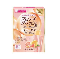 商品詳細 プロテオグリカン45,700ug配合。 コラーゲン45,700mg配合。：酵素分解により低分子化したたんぱく質(ペプチド)で、速攻キレイを目指す成分です。 ヒアルロン酸、75種類の植物発酵エキス、月桃葉エキス、アラニン、シルク加水分解物配合。 ピンクグレープフルーツ味。 果汁25％配合。 ノンカフェイン。 ※ 1箱32本入当たり 原材料名 グレープフルーツ果汁（イスラエル製造）、コラーゲンペプチド（ゼラチン）、エリスリトール、プロテオグリカン含有サケ鼻軟骨エキス末、植物発酵エキス（大豆・りんご・もも・キウイフルーツを含む）、シルク加水分解物末、月桃葉エキス末／酸味料、ゲル化剤（増粘多糖類）、DL-アラニン、香料、乳酸Ca、甘味料（アセスルファムK、アスパルテーム・L-フェニルアラニン化合物、ソーマチン）、乳化剤、ヒアルロン酸、トマト色） 栄養成分表示 1箱（320g）当たり エネルギー：296.8kcal た んぱく質：59.5g 脂質：0 g 炭水化物：24.3g 食塩相当量：0.062?1.356g プロテオグリカン:45,700mg コラーゲン：45,700mg お召し上がり方 1日当たり1本を目安に、袋を開けて中身を軽く押し出し、よくかんでお召し上がりください。 冷蔵庫で冷やすとより一層おいしくお召し上がりいただけます。 摂取上の注意 本品の摂取により、体質・体調に異常を感じた場合には、摂取を中止し、医師にご相談ください。 原材料をご確認の上、食物アレルギーが心配な方は、お召し上がりにならないでください。 使用上の注意 開封後は早めにお召し上がりください。開封時に中身がはねることがございますのでご注意ください。のどに詰まらせないよう注意してお召し上がりください。加温・冷凍はしないでください。色調、食感、風味が変化することがありますが、品質には問題ありません。袋の角や開け口で手や口を切らないようにご注意ください。小児の手のとどかないところに保管してください。 内容量　 32本 【区分】日本製・健康食品 【メーカー】 常磐薬品工業 商品に関するお問合せ・ご意見・ご質問などは、下記へお問い合わせください。 お客様相談室 0120－875－710 受付時間は9:00～17:00 【広告文責】株式会社エナジー 0242-85-7380 登録販売者　山内和也 薬剤師　山内典子