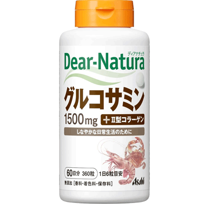 商品特長 グルコサミンに、2型コラーゲンを含有する鶏軟骨エキスを配合しました。 毎日の健康維持にお役立てください。 香料・着色料・保存料無添加。 お召し上がり方 1日6粒を目安に水またはお湯とともにお召し上がりください。 摂取上の注意 ・1日の摂取目安量を守ってください。 ・妊娠・授乳中の方、小児の使用はさけてください。 ・治療を受けている方、お薬を服用中の方は、医師にご相談ください。 ・体質により身体に合わない場合があります。その場合は使用を中止してください。 ・小児の手の届かないところに置いてください。 ・天然由来の原料を使用しているため、色やにおいが変化する場合がありますが、品質に問題ありません。 ・表面に斑点がみられることがありますが、これは原料由来のものです。 保存方法 直射日光をさけ、湿気の少ない涼しい場所に保管してください。 原材料名 II型コラーゲン含有鶏軟骨エキス、グルコサミン(エビ、カニ由来)、 セルロース、ステアリン酸Ca、微粒酸化ケイ素 栄養成分 1日6粒(2.1g)あたり エネルギー 7.1kcal、たんぱく質 0.64g、脂質 0.05g、炭水化物 1.1g、ナトリウム 0.50mg、 グルコサミン 1500mg、鶏軟骨エキス 50mg（2型コラーゲン15mg含有） 区分 日本製：健康食品/サプリメント 販売元 アサヒフードアンドヘルスケア株式会社　0120-630611 広告文責 株式会社エナジー　0242-85-7380