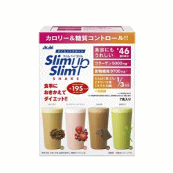 商品特長 1食置き換えダイエット食品です。 1食(60g)あたり約195kcal、糖質は約15gと糖質＆カロリーコントロールができます。 たんぱく質27g、コラーゲン5000、食物繊維9700配合しています。 バリエーションを楽しめる4種のフレーバー入りでおいしくダイエット。 美容系成分もプラスしたダイエットや美容のための食事代替シェイクです。 栄養成分 内容量 　　　カフェラテ　 ミックスベリーヨーグルト 　ショコラ 　　抹茶ラテ エネルギー　 195kcal 　　　　192kcal　　　　　　　　　194kcal 　　　193kcal たんぱく質 　　27g 　　　　　　27g 　　　　　　　　　　　　27g　　　　　　 27g 脂質　　　　　 1.6g 　　　　　　1.7g 　　　　　　　　　　　　2.3g　　　　　 1.4g 炭水化物 　　24.7g 　　　　　23.7g 　　　　　　　　　　　23.7g 　　　　　24.7g 糖質 　　　　　15g　　　　　　 14g 　　　　　　　　　　　　14g　　　　　 15g 食物繊維 　　9.7g 　　　　　　9.7g 　　　　　　　　　　　9.7g 　　　　　　9.7g 食塩相当量 0.55g　　　　　　 0.50g 　　　　　　　　　　0.55g　　　　　 0.54g ビタミンA　　 257〜646μg 　257&#12316;664μg 　　　　　257〜646μg 　257〜646μg ビタミンB1　 0.40mg 　　　　　0.40mg 　　　　　　　　　0.40mg 　　　　　0.40mg ビタミンB2 　0.47mg 　　　　　0.47mg　　　　　　　　　 0.47mg　　　　　 0.47mg ビタミンB6　 0.44mg 　　　　　0.44mg　　　　　　　　　 0.44mg 　　　　　0.44mg ビタミンB12　 0.90μg 　　　　0.80&#12316;2.6μg　　　　　 0.90μg 　　　　　　1.1μg ビタミンC 　34mg 　　　　　　　34mg 　　　　　　　　　34mg 　　　　　　　35mg ビタミンD 　1.9〜4.0μg 　　　1.9〜4.2μg　　　　　　 1.9〜4.0μg 　　　1.9〜5.2μg ビタミンE　　 2.5mg　　　　　　 2.6mg　　　　　　　　　 2.5mg　　　　　　　 2.7mg ナイアシン　 5.5mg 　　　　　　6.7mg 　　　　　　　　　4.7mg　　　　　　　 4.7mg パントテン酸 　2.0mg 　　　　　1.9mg 　　　　　　　　　2.0mg 　　　　　　　2.0mg 葉酸　　　　　　 80μg 　　　　100μg 　　　　　　　　　85μg　　　　　　　 93μg カルシウム 　272mg 　　　　　227mg　　　　　　　　　 272mg 　　　　　　272mg マグネシウム 107mg 　　　　107mg 　　　　　　　　　107mg 　　　　　　107mg 鉄　　　　　　　 2.7mg　　　　　 2.9mg 　　　　　　　　　3.4mg　　　　　　　 2.7mg カリウム　　 934mg 　　　　　　934mg　　　　　　　　 934mg　　　　　　　 934mg 銅 　　　　　　0.47mg　　　　　 0.46mg　　　　　　　　 0.64mg 　　　　　　　0.48mg 亜鉛　　　　 3.8mg　　　　　　 3.0mg 　　　　　　　　　4.3mg　　　　　　　　 3.8mg マンガン 　　1.3mg 　　　　　　1.3mg　　　　　　　　 　1.5mg 　　　　　　　　3.1mg セレン　　　 18μg　　　　　　 21μg 　　　　　　　　　19μg 　　　　　　　　18μg クロム　　　 14μg 　　　　　　18μg　　　　　　　　　 19μg 　　　　　　　　15μg モリブデン　 52μg　　　　　　 55μg　　　 　　　　　　56μg　　　　　　　　 53μg 本製品のアミノ酸 アルギニン、リジン、ヒスチジン、フェニルアラニン、チロシン、ロイシン、イソロイシン、メチオニン、バリン、アラニン、グリシン、プロリン、グルタミン酸、セリン、スレオニン、アスパラギン酸、トリプトファン、シスチン 【製造時配合（1袋 60g当たり）】4味共通コラーゲン：5000mg、殺菌乳酸菌粉末：31mg、有胞子性乳酸菌末：20mg（1億個相当） 抹茶ラテのみハトムギエキス：40mg、ヨモギエキス：20mg、穀物発酵エキス：25mg &nbsp;製造者 &nbsp; アサヒグループ食品株式会社 お客様相談室　電話： 0120-630611 &nbsp;広告文責 &nbsp;株式会社エナジー 登録販売者　山内和也 　0242-85-7380 &nbsp;商品区分・内容量 &nbsp; 健康食品・日本製・ 60g×7袋入