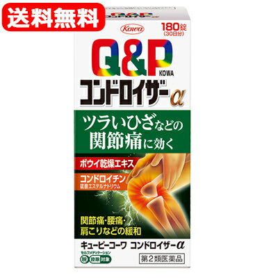 &nbsp; ■製品の特徴 ●キューピーコーワコンドロイザーαは関節・神経の働きに効果のあるビタミンB1をはじめとした有効成分に、 鎮痛・抗炎症作用のある生薬ボウイ、関節軟骨の構成成分であるコンドロイチン硫酸エステルナトリウムを配合し 「今ある痛み」に働きかけ、ツラいひざなどの関節痛・神経痛に効果をあらわしていきます。●特長・鎮痛・抗炎症作用のある生薬ボウイを配合し、痛みや炎症を抑え、ツラいひざなどの関節痛・神経痛などを緩和します。・キズついた末梢神経に働きかける活性型ビタミンB12(メコバラミン)を配合しています。・食前・食後にかかわらず、1日2回の服用で効果を発揮します。・のみやすいフィルムコーティング設計の錠剤です。 1.次の諸症状の緩和： 関節痛・筋肉痛(肩・腰・肘・膝痛、肩こり、五十肩など)、神経痛、手足のしびれ、便秘、眼精疲労(慢性的な目の疲れ及びそれに伴う目のかすみ・目の奥の痛み) 2.脚気 「ただし、これら1・2の症状について、1ヵ月ほど使用しても改善がみられない場合は、医師又は薬剤師に相談してください。」 3.次の場合のビタミンB1の補給： 肉体疲労時、妊娠・授乳期、病中病後の体力低下時 【注意事項】★使用上の注意＜相談すること＞1.次の人は服用前に医師、薬剤師又は登録販売者に相談してください(1)妊婦又は妊娠していると思われる人。(2)薬などによりアレルギー症状を起こしたことがある人。2.服用後、次の症状があらわれた場合は副作用の可能性がありますので、直ちに服用を中止し、この添付文書を持って医師、薬剤師又は登録販売者に相談してください[関係部位：症状]皮膚：発疹・発赤、かゆみ消化器：吐き気・嘔吐・食欲不振3.服用後、次の症状があらわれることがありますので、このような症状の持続又は増強が見られた場合には、服用を中止し、この添付文書を持って医師、薬剤師又は登録販売者に相談してください軟便、下痢4.1ヵ月位服用しても症状がよくならない場合は服用を中止し、この添付文書を持って医師、薬剤師又は登録販売者に相談してください &nbsp; ■使用上の注意 1．次の人は服用前に医師、薬剤師又は登録販売者に相談してください 　（1）妊婦又は妊娠していると思われる人。 　（2）薬などによりアレルギー症状を起こしたことがある人。 2．服用後、次の症状があらわれた場合は副作用の可能性がありますので、 直ちに服用を中止し、この添付文書を持って医師、 薬剤師又は登録販売者に相談してください 　　　〔関係部位〕　　　〔症　状〕 　　　　皮　膚　　　：　発疹・発赤、かゆみ 　　　　消化器　　　：　吐き気・嘔吐 3．服用後、次の症状があらわれることがありますので、 このような症状の持続又は増強が見られた場合には、服用を中止し、 この添付文書を持って医師、薬剤師又は登録販売者に相談してください 　軟便、下痢 4．1ヵ月位服用しても症状がよくならない場合は服用を中止し、 この添付文書を持って医師、薬剤師又は登録販売者に相談してください 【保管及び取扱い上の注意】1.高温をさけ、直射日光の当たらない湿気の少ない涼しい所に密栓して、外箱に入れて保管してください。(光によって品質に影響を与える場合があります。)2.小児の手の届かない所に保管してください。3.他の容器に入れ替えないでください。(誤用の原因になったり品質が変わります。)4.水分が錠剤につくと、内容成分の変化のもととなりますので、水滴を落としたり、ぬれた手で触れないでください。誤って錠剤をぬらした場合は、ぬれた錠剤を廃棄してください。5.容器の中の詰め物(ビニール)は、輸送中に錠剤が破損するのを防止するために入れてあるもので、キャップをあけた後は、必ず捨ててください。6.容器のキャップのしめ方が不十分な場合、湿気などにより、品質に影響を与える場合がありますので、服用のつどキャップをよくしめてください。7.外箱及びラベルの「開封年月日」記入欄に、キャップをあけた日付を記入してください。8.使用期限(外箱及びラベルに記載)をすぎた製品は服用しないでください。また、一度キャップをあけた後は、品質保持の点から開封日より6ヵ月以内を目安に服用してください。 &nbsp; ■用法用量 下記の量を水又は温湯で服用してください。[年齢：1回量：1日服用回数]成人(15歳以上)：3錠：2回15歳未満の小児：服用しないこと※食前・食後にかかわらず、いつでも服用できます。 ★用法・用量に関連する注意用法・用量を厳守してください。 &nbsp; ■成分分量 (6錠中)[成分・分量：働き]ボウイ乾燥エキス：240.0mg(防已として3000mg)：大葛藤(オオツヅラフジ)の茎及び根茎から抽出された成分で、痛みや炎症を抑える作用があり、関節痛・神経痛などを緩和します。コンドロイチン硫酸エステルナトリウム：900.0mg：関節軟骨の構成成分のひとつです。ベンフォチアミン：13.83mg(チアミン塩化物塩酸塩(V.B1)として10.0mg)：からだに取り込まれやすくした活性ビタミンB1で、関節痛・神経痛などを緩和します。メコバラミン(V.B12)：60.0μg：キズついた末梢神経に働きかけます。ガンマ-オリザノール：10.0mg：神経を調整し、関節痛を緩和します。 [添加物]ヒドロキシプロピルセルロース、セルロース、クロスカルメロースNa、ステアリン酸Mg、 ポリビニルアルコール・アクリル酸・メタクリル酸メチル共重合体、ヒプロメロース、酸化チタン、カルナウバロウ &nbsp; ■リスク区分 【第2類医薬品】 &nbsp; ■会社情報 興和株式会社 電話番号 03-3279-7755　一般用医薬品 平日 9:00?17:00(祝日および年末年始休日を除く) 医薬品販売に関する記載事項はこちら使用期限：使用期限まで1年以上あるものをお送りいたします。