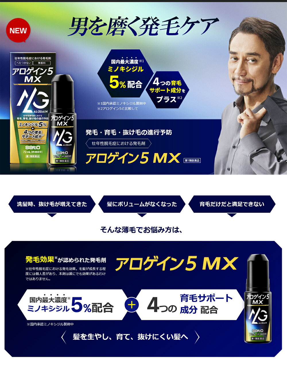 エナジードラッグの【第1類医薬品】【送料無料・2個セット】アロゲイン5 MX 72ml（約36日分）×2セット　【男性用発毛剤】薬剤師の確認後の発送となります。何卒ご了承ください。発毛 育毛 薄毛 抜毛 壮年性脱毛症 ミノキシジル アロゲイン5MX アロゲイン5｜アングル2