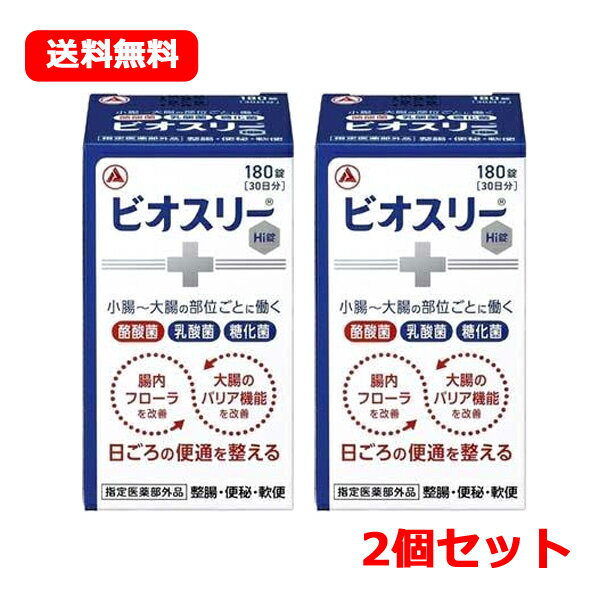 商品特長 ビオスリーは腸内フローラと大腸のバリア機能を改善することで、日ごろの便通を整えます。 乳酸菌だけでなく、酪酸菌、糖化菌を加えた3種の活性菌を配合しています。 便秘や軟便にも、日ごろのおなかのケアにも使えます。 のみやすい、やや甘みのある小粒の錠剤です。 効能・効果 整腸（便通を整える）、便秘、軟便、腹部膨満感 用法・用量 次の量を食後服用してください。 ［年齢：1回量：1日服用回数］ 成人（15歳以上）：2錠：3回 5歳以上15歳未満：1錠：3回 5歳未満：服用しないこと 用法・用量に関する注意 （1）小児に服用させる場合には、保護者の指導監督のもとに服用させてください。 （2）用法・用量を厳守してください。 成分 6錠中 ラクトミン(乳酸菌)　30mg、酪酸菌　150mg、糖化菌　150mg 添加物：ポリビニルアルコール(完全けん化物)、ポビドン、バレイショデンプン、乳糖水和物、ステアリン酸マグネシウム 使用上の 注意 ■相談すること 1 ．次の人は服用前に医師又は薬剤師にご相談ください。 医師の治療を受けている人。 2 .次の場合は、服用を中止し、この添付文書を持って医師又は薬剤師にご相談ください。 1ヵ月位服用しても症状がよくならない場合。 保管および 取り扱い 上の注意 (1)直射日光のあたらない湿気の少ない涼しい所に密栓して保管してください。(2)小児の手の届かない所に保管してください。(3)他の容器に入れ替えないでください。 (誤用の原因や品質が変わるおそれがあります。)(4)本剤は湿気を吸いやすいので、服用のつど必ずフタをかたくしめてください。(5)ビンの中の上部のつめものは、錠剤がこわれるのを防ぐために入れてありますので、フタを開けた後は取り除いてください。(6)使用期限のすぎた製品は服用しないでください。(7)箱とビンの「開封年月日」記入欄に、ビンを開封した日付を記入してください。(8)一度開封した後は、品質保持の点から開封日より6ヵ月以内を目安になるべくすみやかに服用してください。 剤形 錠剤 区分 日本製・指定医薬部外品 相談窓口 会社名：アリナミン製薬株式会社 0120-567-087 【受付時間】9:00～17:00（土日祝日を除く） 販売元 東亜薬品工業株式会社 広告文責 株式会社エナジー　0242-85-7380 登録販売者　山内和也 薬剤師　山内典子