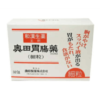 製品の特徴 奥田胃腸薬は、奥田の処方を基にし、 その有効成分は和漢生薬を主剤として製薬した薬で、 胃のもたれ、胃の痛み、胸やけなどの不快な症状にすぐれた効きめをあらわします。 【効能】 もたれ（胃もたれ）、胃痛、胃弱、胸やけ、胃酸過多、 胃重、げっぷ（おくび）、食欲不振（食欲減退）、食べすぎ（過食）、 飲みすぎ（過飲）、胸つかえ、胃部・腹部膨満感、 はきけ（むかつき、胃のむかつき、二日酔・悪酔のむかつき、嘔気、悪心）、 嘔吐、消化不良、胃部不快感 使用上の注意 1．次の人は、服用前に医師または薬剤師に相談すること　（1）医師の治療を受けている人。　（2）腎臓病の診断を受けた人。 2．次の場合は、服用を中止し、医師または薬剤師に相談すること　　2週間位服用しても症状がよくならない場合。 （1）直射日光をさけ、湿気の少ない涼しい所に保管してください、（2）小児の手のとどかない所に保管してください。（3）他の容器に入れかえないでください。　　　（誤用の原因になったり品質が変わるのを防ぐため。）（4）【錠剤】ビン入り品は、服用のつどビンのふたをよくしめてください。 （5）【細粒・分包】1包を分割した残りは、袋の口を折り返して保管し、 2日以内に服用してください。 （6）【散剤】散剤開封後は内袋そのままを補助袋に入れ、 服用のつど、しっかり口をしめてください。 （7）ビンの中の詰め物は、錠剤の破損を防止するために入れてありますので 開栓後は捨ててください。（8）使用期限をすぎた製品は服用しないでください。養　生　法 　胃腸の病気や不快な症状は、暴飲・暴食や神経のストレスなどから起こるものです。 飲み過ぎや食べ過ぎに注意し、消化のよいものを選んでよく噛みこなし、 胸につかえないよう控えめにすることが大切です。 また、食事の時間を定め、間食をつつしみ、 精神を安静にして適度の運動をすることなどが胃腸病の予防と治療につながります。 &nbsp;用法用量 次の1回量を、1日3回食後にさゆ又は水で服用してください。【錠剤】　成人（15才以上）　　　5錠　　　　　11才以上15才未満　　3錠　　　　　5才以上8才未満　　　　1錠　　　　　5才未満は、服用しないこと。 【分包】　成人（15才以上）　　　1包　　　　　11才以上15才未満2／3包　　　　　8才以上11才未満　1／2包　　　　　5才以上8才未満　　1／3包　　　　　3才以上5才未満　　1／4包　　　　　3才未満は、服用しないこと。 【細粒】　成人（15才以上）　　　1包　　　　　8才以上15才未満　1／2包　　　　　8才未満は、服用しないこと。 【散剤】　成人（15才以上）　2g（2サジ）　　　　　8才以上15才未満　1g（1サジ）　　　　　8才未満は、服用しないこと。 用法上の注意 用法・用量を厳守すること。 小児に服用させる場合には、保護者の指導監督のもとに服用させてください。 成分分量 成人1日服用量中 成分 分量 健胃 制酸 鎮痛 整腸 消炎 リョウタン末（龍胆末） 100mg ● ● オウレン末（黄連末） 10mg ● ● ● センブリ末（当薬末） 10mg ● ● ダイオウ末（大黄末） 100mg ● ● ● オウバク末（黄柏末） 100mg ● ● ● ニガキ末（苦木末） 400mg ● ● コロンボ末 100mg ● ● ニンジン末（人参末） 30mg ● ● トウヒ末（橙皮末） 50mg ● ● チンピ末（陳皮末） 50mg ● ● エンメイソウ末（延命草末） 250mg ● ポレイ末（牡蛎末） 2.5g ● 沈降炭酸カルシウム 2.3g ● 添加物として・奥田胃腸薬（錠剤）：ステアリン酸カルシウム、結晶セルロースを含有する・奥田胃腸薬（細粒）：ヒドロキシプロピルセルロースを含有する。・奥田胃腸薬（分包）：含水二酸化ケイ素を含有する。 製薬会社 奥田製薬 剤形 錠剤 リスク区分&nbsp; 日本・第2類医薬品&nbsp; 広告文責：（株） エナジー 0242-85-7380 広告文責：株式会社エナジー　0242-85-7380文責：株式会社エナジー　登録販売者　山内和也 医薬品の保管 及び取り扱い上の注意&nbsp; (1)直射日光の当たらない涼しい所に密栓して保管してください。 (2)小児の手の届かない所に保管してください。 (3)他の容器に入れ替えないでください。 （誤用の原因になったり品質が変わる。） (4)使用期限（外箱に記載）の過ぎた商品は使用しないでください。 (5) 一度開封した後は期限内であってもなるべく早くご使用ください。 医薬品販売に関する記載事項はこちら 使用期限：使用期限まで1年以上あるものをお送りいたします。使用期限：使用期限まで1年以上あるものをお送りいたします。