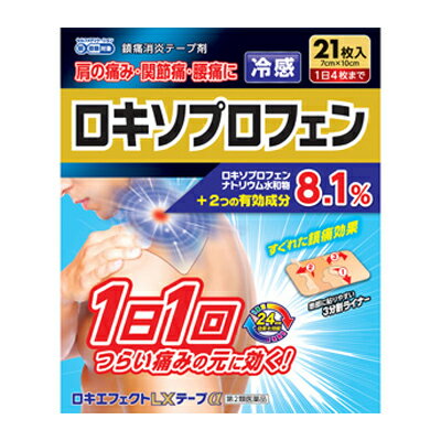 医薬品区分 一般用医薬品 薬効分類 鎮痛・鎮痒・収れん・消炎薬（パップ剤を含む） 製品名 ロキエフェクトLXテープα 製品名（読み） ロキエフェクトエルエックステープアルファ 製品の特徴 ●すぐれた鎮痛消炎効果のあるロキソプロフェンナトリウム水和物を8.1%配合。 ●ロキソプロフェンナトリウム水和物が皮膚から吸収され、変化した活性体が直接痛みに効きます。 使用上の注意 ■してはいけないこと （守らないと現在の症状が悪化したり、副作用が起こりやすくなります） 1．次の人は使用しないでください 　（1）本剤又は本剤の成分によりアレルギー症状を起こしたことがある人。 　（2）本剤又は他の解熱鎮痛薬、かぜ薬、外用鎮痛消炎薬を使用してぜんそくを起こしたことがある人。 　（3）15歳未満の小児。 2．次の部位には使用しないでください 　（1）目の周囲、粘膜等。 　（2）しっしん、かぶれ、傷口。 　（3）みずむし・たむし等又は化膿している患部。 3．本剤を使用している間は、他の外用鎮痛消炎薬を使用しないでください 4．連続して2週間以上使用しないでください（本剤は痛みを一時的におさえるものです。痛み等の症状が継続する場合には、使用を中止し、医師の診療を受けてください） ■相談すること 1．次の人は使用前に医師、薬剤師又は登録販売者に相談してください 　（1）医師の治療を受けている人。 　（2）薬などによりアレルギー症状を起こしたことがある人。 　（3）妊婦又は妊娠していると思われる人。 　（4）高齢者 　（5）次の診断を受けた人 　　　気管支ぜんそく 2．使用後、次の症状があらわれた場合は副作用の可能性がありますので、直ちに使用を中止し、この説明書を持って医師、薬剤師又は登録販売者に相談してください ［関係部位：症状］ 皮膚：発疹・発赤、かゆみ、はれ、ヒリヒリ感、かぶれ、水疱、青あざができる、色素沈着 消化器：胃部不快感、みぞおちの痛み その他：むくみ まれに下記の重篤な症状が起こることがあります。その場合は直ちに医師の診療を受けてください。 ［症状の名称：症状］ ショック（アナフィラキシー）：使用後すぐに、皮膚のかゆみ、じんましん、声のかすれ、くしゃみ、のどのかゆみ、息苦しさ、動悸、意識の混濁等があらわれます。 3．使用後、次の症状があらわれることがありますので、このような症状の持続又は増強が見られた場合には、使用を中止し、この説明書を持って医師、薬剤師又は登録販売者に相談してください 　　下痢・軟便 4．5〜6日間使用しても症状がよくならない場合は使用を中止し、この説明書を持って医師、薬剤師又は登録販売者に相談してください（他の疾患の可能性があります） 効能・効果 関節痛、肩こりに伴う肩の痛み、筋肉痛、腰痛、打撲、捻挫、腱鞘炎（手・手首の痛み）、肘の痛み（テニス肘など） 用法・用量 表面のライナーをはがし、1日1回患部に貼付してください。 用法関連注意 （1）用法・用量を厳守してください。 （2）本剤は、痛みやはれなどの原因になっている病気を治療するのではなく、痛みやはれなどの症状のみを治療する薬剤ですので、症状がある場合だけ使用してください。 （3）1日あたり4枚を超えて使用しないでください。 （4）汗をかいたり、患部がぬれている時は、よく拭きとってから使用してください。 （5）皮膚の弱い人は、使用前に腕の内側の皮膚の弱い箇所に、1〜2cm角の小片を目安として半日以上貼り、発疹・発赤、かゆみ、かぶれ等の症状が起きないことを確かめてから使用してください。 成分分量 膏体100g中に次の成分を含んでいます。 成分 分量 内訳 ロキソプロフェンナトリウム水和物 8.1g （無水物として7.14g） l-メントール 3.5g トコフェロール酢酸エステル 2.3g 添加物 添加物として脂環族飽和炭化水素樹脂、水添ロジングリセリンエステル、スチレン・イソプレン・スチレンブロック共重合体、ポリイソブチレン、流動パラフィン、その他1成分 保管及び取扱い上の注意 （1）直射日光の当たらない湿気の少ない涼しい所に保管してください。 （2）小児の手の届かない所に保管してください。 （3）他の容器に入れかえないでください。（誤用の原因になったり品質が変わります） （4）品質保持のため、未使用分は袋に入れ、開封口のチャックを閉めて保管してください。 （5）使用期限を過ぎた製品は使用しないでください。また、使用期限内であっても、開封後はなるべくすみやかに使用してください。 消費者相談窓口 会社名 株式会社大石膏盛堂 電話 （0942）83‐2112 受付時間 午前9：00〜午後5：00（土、日、祝日を除く） 製造販売会社 （株）大石膏盛堂 会社名：株式会社大石膏盛堂 住所：佐賀県鳥栖市本町1丁目933番地 剤形 貼付剤 リスク区分 第2類医薬品 区分：日本製・医薬品 広告文責　株式会社エナジー　0242-85-7380 文責：株式会社エナジー　登録販売者　山内和也 医薬品販売に関する記載事項はこちら 使用期限：使用期限まで1年以上あるものをお送りいたします。使用期限：使用期限まで1年以上あるものをお送りいたします。