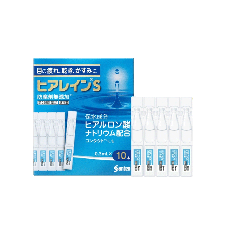 項目 内容 医薬品区分 一般用医薬品 薬効分類 一般点眼薬 製品名 ヒアレインS 製品名（読み） ヒアレインS 製品の特徴 ヒアレインSは涙の不安定さなどからくる「目の疲れ」「目の乾き」「目のかすみ」に効く目薬です。目の酷使や乾燥などによって，目の表面の涙の層に凹凸ができると，ものがかすんだように見づらくなり，さらに「目の疲れ」などの不快な症状を引き起こします。ヒアレインSに含まれる有効成分ヒアルロン酸ナトリウムは高い保水機能をもっており，目にうるおいを与え「目の疲れ」「目の乾き」「目のかすみ」などの不快な症状を改善します。 ■ヒアレインSはカラーコンタクトレンズをのぞくすべてのコンタクトレンズ装着中に使えます。 ソフト・O2・ハード・使い捨て（ディスポーザブル） コンタクトレンズを装着していない方もご使用いただけます。 ※ソフトコンタクトレンズを装着したままでは使用できない目薬もありますので，外箱や添付文書をよく確認しましょう。 使用上の注意 ■してはいけないこと （守らないと現在の症状が悪化したり，副作用が起こりやすくなる） 次の人は使用しないでください。 　（1）本剤または本剤の成分によりアレルギー症状を起こしたことがある人 　（2）次の診断を受けた人：ドライアイ，シェーグレン症候群，スティーブンス・ジョンソン症候群，角膜感染症 　（3）次の症状のある人：急な視力低下，はげしい目の痛み（病状が悪化する恐れがありますので，自己判断で治療をすることなく医師の診療を受けてください） ■相談すること 1．次の人は使用前に医師または薬剤師にご相談ください。 　（1）医師の治療を受けている人 　（2）薬などによりアレルギー症状を起こしたことがある人 　（3）目の症状以外に，次の症状がある人 　　・口の乾燥，鼻腔の乾燥 　　・高熱，唇のただれ，のどの痛み，皮ふの広範囲の発疹・発赤などの持続や急激な悪化 　（4）次の診断を受けた人：緑内障 2．使用後，次の症状があらわれた場合は副作用の可能性があるので，直ちに使用を中止し，この文書を持って医師または薬剤師にご相談ください。 ［関係部位：症状］ 皮ふ：発疹・発赤，かゆみ 目：充血，かゆみ，はれ，痛み，刺激感，異物感，目やに 3．次の場合は使用を中止し，この文書を持って医師または薬剤師にご相談ください。 　（1）目のかすみが改善されない場合 　（2）用法・用量に従い1週間くらい使用（1本目を使い切る目安）しても症状がよくならない場合や，何らかの異常が感じられた場合（2本目を使用する前にご相談ください） 4．症状の改善が見られても，2週間を超えて使用する場合は，医師または薬剤師にご相談ください。 効能・効果 目の次の症状の緩和：かわき，異物感（コロコロ・チクチクする感じ），疲れ，かすみ，ソフトコンタクトレンズ又はハードコンタクトレンズを装着しているときの不快感 用法・用量 1回1滴，1日5〜6回点眼してください。 用法関連注意 ●次の注意事項をお守りください。 　（1）小児に使用させる場合には，保護者の指導監督のもとに使用させてください。 　（2）容器の先を，目やまぶた，まつ毛に触れさせないでください。（目やにや雑菌などの混入のため，薬液が汚染または混濁することがあります）また，混濁したものは使用しないでください。 　（3）点眼用にのみ使用してください。 　（4）カラーコンタクトレンズの装着時は，使用しないでください。 成分分量 5ml 成分 分量 精製ヒアルロン酸ナトリウム 0.1％ 添加物 アミノカプロン酸，エデト酸ナトリウム水和物，クロルヘキシジングルコン酸塩液，等張化剤，pH調節剤 保管及び取扱い上の注意 （1）使用するまでは，キャップをねじ込まないでください。 （2）直射日光の当たらない涼しい所に密栓して保管してください。製品の品質を保持するため，自動車の中や暖房器具の近くなど高温となる場所に放置しないでください。また，高温となる場所に放置したものは，容器が変形して薬液が漏れたり薬液の品質が劣化しているおそれがありますので，使用しないでください。 （3）小児の手の届かない所に保管してください。 （4）他の容器に入れ替えないでください。 　（誤用の原因になったり品質が変わることがあります） （5）他の人と共用しないでください。 （6）使用期限をすぎた製品は使用しないでください。また，使用期限内であっても，開栓後はできるだけ速やかに使用してください。 （7）保存の状態によっては，成分の結晶が容器の点眼口周囲やキャップの内側に白くつくことがあります。その場合には清潔なガーゼで軽くふき取って使用してください。 消費者相談窓口 会社名：参天製薬株式会社 問い合わせ先：「お客様相談室」 電話：0120-127-023 受付時間：9：00〜17：00（土・日・祝日を除く） 製造販売会社 参天製薬（株） 会社名：参天製薬株式会社 住所：大阪市北区大深町4-20 販売会社 参天製薬（株） 剤形 液剤 リスク区分 日本製・第2類医薬品 広告文責 広告文責：株式会社エナジーTEL:0242-85-7380（平日10:00-17:00） 文責：株式会社エナジー　登録販売者：山内和也 医薬品販売に関する記載事項はこちら 使用期限：使用期限まで1年以上あるものをお送りいたします。使用期限：使用期限まで1年以上あるものをお送りいたします。