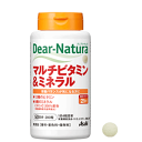 【Dear-Natura マルチビタミン＆ミネラルの商品詳細】 ●栄養バランスが気になる方に●ビタミンやミネラルは微量栄養素とよばれ、体の中で様々な働きをする重要な成分です。●微量栄養素は、数種類をとることが求められています。●12種のビタミンと9種のミネラルを配合しました。●使いやすいワンタッチキャップボトルを採用しました。●ビタミンCは2倍量(栄養素等表示基準値比)●無香料・無着色・保存料不使用 【お召し上がり方目安】 1日当たりの摂取量の目安は4粒です。 【栄養成分(栄養機能食品)】ビタミンE、ビオチン、亜鉛、銅 【保健機能食品表示】・ビタミンEは、抗酸化作用により、体内の脂質を酸化から守り、細胞の健康維持を助ける栄養素です。・亜鉛は、味覚を正常に保つのに必要な栄養素です。・亜鉛は、たんぱく質・核酸の代謝に関与して、健康の維持に役立つ栄養素です。・亜鉛・ビオチンは、皮膚や粘膜の健康維持を助ける栄養素です。・銅は、赤血球の形成を助け、多くの体内酵素の正常な働きと骨の形成を助ける栄養素です。 【成分／4粒中】 【ディアナチュラ マルチビタミン＆ミネラルの原材料】 デキストリン(国内製造)、マンガン含有酵母、クロム含有酵母、セレン含有酵母、モリブデン含有酵母／貝Ca、V.C、酸化Mg、セルロース、グルコン酸亜鉛、ピロリン酸鉄、デンプングリコール酸Na、ナイアシン、酢酸V.E、ステアリン酸Ca、パントテン酸Ca、セラック、グルコン酸銅、V.B6、V.B1、V.B2、V.A、葉酸、ビオチン、V.D、V.B12、(一部に乳成分を含む) 【栄養成分】 1日4粒(1204mg)あたり エネルギー：1.8kcal、タンパク質：0.045g、脂質：0.024g、炭水化物：0.34g、食塩相当量：0.0058g-0.0086g、ビオチン：45 μg(90％)、V.E：8.0mg(126％)、亜鉛：2.7mg(30％)、銅：0.29g(32％)、V.A：150-750 μg、V.B1：1.0mg、V.B2：1.1mg、V.B6：1.0mg、V.B12：2.0μg、ナイアシン：11mg、パントテン酸：5.5mg、葉酸：200μg、V.C：160mg、V.D：3.0-8.5 μg、カルシウム：234mg、マグネシウム：83mg、鉄：2.5mg、マンガン：1.2mg、セレン：7.7μg、クロム：10μg、モリブデン：5.7μg ( )内の数値は栄養素等表示基準値(18歳以上、基準熱量2200kcal)に占める割合です。 【区分】日本製・栄養機能食品 【メーカー】アサヒグループ食品株式会社 商品に関するお問い合わせ 受付時間 10：00-17：00(土・日・祝日を除く) 菓子、食品、健康食品、サプリメント、スキンケアなど:0120-630611 ミルク、ベビーフード、乳幼児用品専用:0120-889283 【広告文責】 株式会社エナジーTEL:0242-85-7380（平日10:00-17:00） 薬剤師：山内典子 登録販売者：山内和也