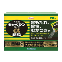 【製品特徴】 キャベジンコーワα顆粒は、荒れて痛んだ胃の粘膜を修復し、正常な状態に整えるキャベジン本来の効きめに加え、 MMSC（メチルメチオニンスルホニウムクロリド）と、胃の運動を促進する生薬成分ソヨウが協力して働くことで、 弱ってきた胃を元気にし、正常な働きを取り戻していく顆粒タイプの胃腸薬です。 医薬品区分 一般用医薬品 薬効分類 制酸・健胃・消化・整腸を2以上標榜するもの 製品名 キャベジンコーワα顆粒 製品の特徴 胃は，もたれや胃重，胃痛など，いろいろなサインで不調を知らせてきます。このような症状は，脂肪分の多い食事や食べ過ぎ・飲み過ぎなどといった過度の物理的負担や，ストレスに伴う精神的負担，加齢による機能低下など，様々な要因によって胃が弱っていくことで起こります。 キャベジンコーワα顆粒は，荒れて傷んだ胃の粘膜を修復し，正常な状態に整えるキャベジン本来の効きめに加え，胃の運動を促進する生薬成分ソヨウなどにより，弱った胃の働きを取り戻していく胃腸薬です。 毎食後1日3回の服用で胃が元気に働くようになり，胃の不快な症状にすぐれた効果をあらわします。 のみやすい顆粒で，携帯にも便利な分包タイプの胃腸薬です。 使用上の注意 ■してはいけないこと （守らないと現在の症状が悪化したり，副作用が起こりやすくなります） 1．本剤を服用している間は，次の医薬品を服用しないでください 　胃腸鎮痛鎮痙薬 2．授乳中の人は本剤を服用しないか，本剤を服用する場合は授乳を避けてください 　（母乳に移行して乳児の脈が速くなることがあります。） ■相談すること 1．次の人は服用前に医師，薬剤師又は登録販売者に相談してください 　（1）医師の治療を受けている人。 　（2）妊婦又は妊娠していると思われる人。 　（3）高齢者。 　（4）薬などによりアレルギー症状を起こしたことがある人。 　（5）次の症状のある人。 　　排尿困難 　（6）次の診断を受けた人。 　　腎臓病，心臓病，緑内障，甲状腺機能障害 2．服用後，次の症状があらわれた場合は副作用の可能性がありますので，直ちに服用を中止し，この添付文書を持って医師，薬剤師又は登録販売者に相談してください ［関係部位：症状］ 皮膚：発疹・発赤，かゆみ 3．服用後，次の症状があらわれることがありますので，このような症状の持続又は増強が見られた場合には，服用を中止し，この添付文書を持って医師，薬剤師又は登録販売者に相談してください 　口のかわき 4．2週間位服用しても症状がよくならない場合は服用を中止し，この添付文書を持って医師，薬剤師又は登録販売者に相談してください その他の注意 ■その他の注意 母乳が出にくくなることがあります。 効能・効果 胃部不快感，胃弱，もたれ，胃痛，食べ過ぎ，飲み過ぎ，胸やけ，吐き気（むかつき，胃のむかつき，二日酔・悪酔のむかつき，嘔気，悪心），嘔吐，食欲不振，消化不良，胃酸過多，げっぷ，胸つかえ，消化促進，胃部・腹部膨満感，胃重 効能関連注意 用法・用量 次の量を毎食後水又は温湯で服用してください。 ［年齢：1回量：1日服用回数］ 成人（15歳以上）：1包：3回 11歳以上15歳未満：2／3包：3回 8歳以上11歳未満：1／2包：3回 8歳未満の小児：服用しないこと 用法関連注意 （1）用法・用量を厳守してください。 （2）小児に服用させる場合には，保護者の指導監督のもとに服用させてください。 成分分量 3包(3.9g)中　　 成分 分量 メチルメチオニンスルホニウムクロリド 150mg 炭酸水素ナトリウム 700mg 炭酸マグネシウム 250mg 沈降炭酸カルシウム 1200mg ロートエキス3倍散 90mg (ロートエキス30mg） ソヨウ乾燥エキス 30mg （蘇葉270mg） センブリ末 30mg ビオヂアスターゼ2000 24mg &nbsp; リパーゼAP12 15mg &nbsp; 添加物 硬化油，ヒドロキシプロピルセルロース，D-マンニトール，カルメロースカルシウム(CMC-Ca)，乳酸カルシウム，スクラロース，l-メントール，二酸化ケイ素，香料，トウモロコシデンプン，デキストリン 保管及び取扱い上の注意 （1）高温をさけ，直射日光の当たらない湿気の少ない涼しい所に保管してください。 （2）小児の手の届かない所に保管してください。 （3）他の容器に入れ替えないでください。（誤用の原因になったり品質が変わります。） （4）1包を分割した残りを服用する場合，袋の口を折り返して保管し，2日以内に服用してください。 （5）使用期限（外箱に記載）をすぎた製品は服用しないでください。 消費者相談窓口 会社名：興和株式会社 問い合わせ先：医薬事業部　お客様相談センター 電話：03-3279-7755 受付時間：月〜金（祝日を除く）9：00〜17：00 製造販売会社 会社名：興和株式会社 剤形 散剤 リスク区分等 第2類医薬品 広告文責　株式会社エナジー　0120-85-7380 文責：株式会社エナジー　登録販売者　山内和也 医薬品販売に関する記載事項はこちら使用期限：使用期限まで1年以上あるものをお送りいたします。