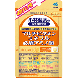 商品特徴 ●ビタミンB1、ビオチン、ビタミンC、カルシウム、鉄の栄養機能食品です。●30種類の成分を配合しました。●食べやすいタブレットタイプ。●着色料、香料、保存料すべて無添加。 成分・分量 信頼への全成分表示（製造時、1日目安量あたりの含有量） ビタミンB1 1.0mg ビタミンB2 1.1mg ビタミンB6 1.0mg ビタミンB12 0.002mg ビタミンC 80.0mg ビタミンD 0.0025mg ビタミンE 8.0mg ビタミンK 0.0065mg ナイアシン 11.0mg 葉酸 0.2mg ビオチン 0.03mg デュナリエラカロテン 4.0mg パントテン酸カルシウム 6.5mg 未焼成カルシウム 552.6mg クエン酸第一鉄ナトリウム 25.2mg 酸化マグネシウム 131.1mg グルコン酸銅 1.4mg マンガン酵母 1.5mg セレン酵母 3.8mg グルコン酸亜鉛 16.1mg クロム酵母 4.0mg モリブデン酵母 14.0mg L-バリン 33.0mg L-ロイシン 61.5mg L-イソロイシン 27.0mg L-トレオニン 31.5mg L-メチオニン 24.0mg L-フェニルアラニン 58.5mg L-トリプトファン 10.5mg L-リジン塩酸塩 67.5mg メチルヘスペリジン 5.0mg 黒胡椒エキス 5.0mg 結晶セルロース 108.8mg 粉末還元麦芽糖 94.2mg 微粒酸化ケイ素 14.5mg ステアリン酸カルシウム 14.4mg ゼラチン（ショ糖含有） 8.6mg 加工デンプン 6.6mg デキストリン 4.9mg アラビアガム 2.0mg 【保存方法】直射日光をさけ、湿気の少ない涼しいところに保存してください。 ※開封後は湿らないように開封口をしっかり閉めてお早めにお召し上がりください。 【区分】日本製・栄養機能食品 【メーカー】小林製薬 商品に関するお電話でのお問合せは、下記までお願いいたします。 受付時間9：00-17：00(土・日・祝日を除く) 健康食品・サプリメント：0120-5884-02 歯とお口のケア：0120-5884-05 衛生雑貨用品・スキンケア・ヘアケア：0120-5884-06 芳香・消臭剤・水洗トイレのお掃除用品：0120-5884-07 台所のお掃除用品・日用雑貨・脱臭剤：0120-5884-08 【広告文責】 株式会社エナジーTEL:0242-85-7380（平日10:00-17:00） 薬剤師：山内典子 登録販売者：山内和也