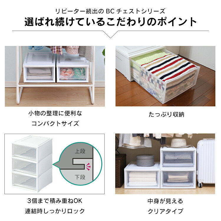 リデコの【2個セット】 衣装ケース 引き出し プラスチック アイリスオーヤマ 1段 収納ケース 幅26.5 奥行37 高さ16.2 チェスト 完成品 タンス 収納ボックス 収納ケース 衣類収納 押入れ クローゼット 積み重ね BCチェスト Sサイズ 浅型 BC-S *｜アングル3