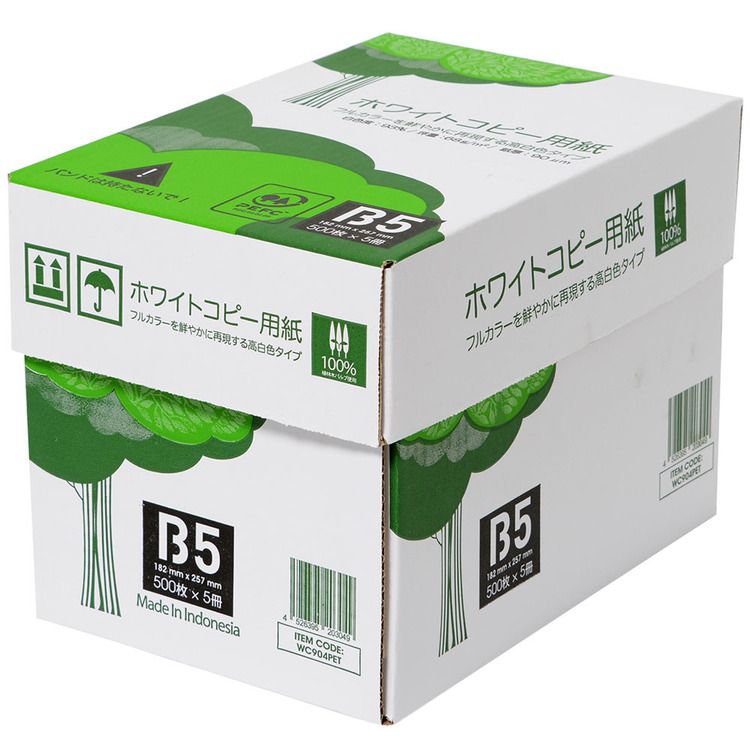 コピー用紙 B5 2500枚 APP 送料無料 高白色 ホワイトコピー用紙 B5 白色度93% 紙厚0.09mm 2500枚（500枚×5冊） WC904PEI コピー 用紙 印刷用紙 消耗品