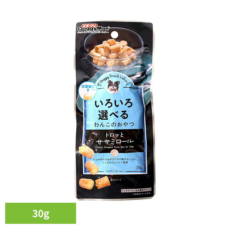 2つの食感が楽しめる、鶏ササミを使ったやわらか＆とろり2層仕立てのおやつ。※リニューアルに伴い、パッケージ・内容等予告なく変更する場合がございます。予めご了承ください。●内容量30g●原材料鶏ササミ、コーンスターチ、鶏脂、かつお節、食物繊維（セルロース）、増粘安定剤（寒天、グァーガム、ローカストビーンガム）、カゼインナトリウム、ミネラル類（ナトリウム）●成分【保証成分】粗たん白質：23％以上　粗脂肪：2％以上　粗繊維：1.5％以下　粗灰分：4.5％以下　水分：70％以下【エネルギー】180kcal／100g【注意事項】ペットフードとしての用途をお守りください。幼児や子供、ペットの触れない場所で保存してください。記載表示を参考に、ペットが食べ過ぎないようにしてください。子供がペットに与えるときは、安全のため大人が立ち会ってください。ペットが興奮したりしないよう、落ち着いた環境で与えてください。ペットの体調が悪くなったときには、獣医師に相談してください。（検索用：やわらか ドギーマン ドギースナック おやつ スナック 4976555824902）最強翌日配送対象商品に関するご案内 最強翌日配送対象商品・対象地域に該当する場合は最強翌日配送マークがご注文カゴ近くに表示されます。 最強翌日配送可能なお支払方法は【クレジットカード、代金引換、全額ポイント支払い】のみとなります。 下記の場合は最強翌日配送対象外となります。 ・15点以上ご購入いただいた場合 ・時間指定がある場合 ・ご注文時備考欄にご記入がある場合 ・決済処理にお時間を頂戴する場合 ・郵便番号や住所に誤りがある場合 ・最強翌日配送対象外の商品とご一緒にご注文いただいた場合 ・お届け先住所文字数が40文字以上の場合【置き配規約について】