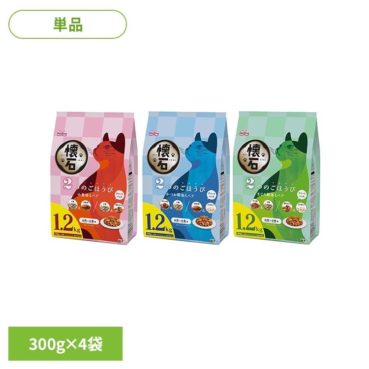 お肉とお魚味の粒に、厳選したトッピングを添えて飽きのこない味わいに仕上げました。Wトッピングされた2種、アルミ蒸着分包が300g×4パック入りで美味しさをキープ。酸化を防ぎ風味を保つ脱酸素剤入り。※リニューアルに伴い、パッケージ・内容等予告なく変更する場合がございます。予めご了承ください。●内容量300g×4袋●原材料【小魚添え】穀類（とうもろこし、小麦粉、コーングルテンミール）、肉類（ミートミール、チキンミール、チキンレバーパウダー）、豆類（脱脂大豆）、油脂類（動物性油脂）、魚介類（フィッシュエキス、白身魚エキス、いりこ、かつお枯れ節削り、まぐろ節）、セレン酵母、ビタミン類（A、D3、E、K3、B1、B2、パントテン酸、ナイアシン、B6、葉酸、ビオチン、B12、コリン、イノシトール）、ミネラル類（カルシウム、リン、ナトリウム、カリウム、塩素、鉄、コバルト、銅、マンガン、亜鉛、ヨウ素）、アミノ酸類（メチオニン、タウリン）、クチナシ色素、酸化防止剤（ローズマリー抽出物、ミックストコフェロール）【かつお節添え】穀類（とうもろこし、小麦粉、コーングルテンミール）、肉類（ミートミール、チキンミール、チキンレバーパウダー）、豆類（脱脂大豆）、油脂類（動物性油脂）、魚介類（フィッシュエキス、白身魚エキス、かつお節、いりこ、かにかまチップ、かつお枯れ節削り）、セレン酵母、ビタミン類（A、D3、E、K3、B1、B2、パントテン酸、ナイアシン、B6、葉酸、ビオチン、B12、コリン、イノシトール）、ミネラル類（カルシウム、リン、ナトリウム、カリウム、塩素、鉄、コバルト、銅、マンガン、亜鉛、ヨウ素）、アミノ酸類（メチオニン、タウリン）、クチナシ色素、酸化防止剤（ローズマリー抽出物、ミックストコフェロール）【まぐろ節添え】穀類（とうもろこし、小麦粉、コーングルテンミール）、肉類（ミートミール、チキンミール、チキンレバーパウダー）、豆類（脱脂大豆）、油脂類（動物性油脂）、魚介類（フィッシュエキス、白身魚エキス、まぐろ節、いりこ、かにかまチップ）、セレン酵母、ビタミン類（A、D3、E、K3、B1、B2、パントテン酸、ナイアシン、B6、葉酸、ビオチン、B12、コリン、イノシトール）、ミネラル類（カルシウム、リン、ナトリウム、カリウム、塩素、鉄、コバルト、銅、マンガン、亜鉛、ヨウ素）、アミノ酸類（メチオニン、タウリン）、クチナシ色素、酸化防止剤（ローズマリー抽出物、ミックストコフェロール）●成分【小魚添え】［たんぱく質］27.5％以上［脂質］9.0％以上［粗繊維］3.5％以下［灰分］9.0％以下［水分］10.0％以下［カルシウム］0.8％標準値［リン］0.7％標準値［ナトリウム］0.7％標準値［マグネシウム］0.12％標準値［代謝エネルギー］約365kcal／100g【かつお節添え】［たんぱく質］27.5％以上［脂質］9.0％以上［粗繊維］3.5％以下［灰分］9.0％以下［水分］10.0％以下［カルシウム］0.8％標準値［リン］0.7％標準値［ナトリウム］0.7％標準値［マグネシウム］0.12％標準値［代謝エネルギー］約365kcal／100g【まぐろ節添え】［たんぱく質］27.5％以上［脂質］9.0％以上［粗繊維］3.5％以下［灰分］9.0％以下［水分］10.0％以下［カルシウム］0.8％標準値［リン］0.7％標準値［ナトリウム］0.7％標準値［マグネシウム］0.12％標準値［代謝エネルギー］約365kcal／100g（検索用：キャットフード ドライフード 成猫用 総合栄養食 健康維持 小分けパック 栄養バランス設計 4902418004587 4902418004570 4902418004563）最強翌日配送対象商品に関するご案内 最強翌日配送対象商品・対象地域に該当する場合は最強翌日配送マークがご注文カゴ近くに表示されます。 最強翌日配送可能なお支払方法は【クレジットカード、代金引換、全額ポイント支払い】のみとなります。 下記の場合は最強翌日配送対象外となります。 ・15点以上ご購入いただいた場合 ・時間指定がある場合 ・ご注文時備考欄にご記入がある場合 ・決済処理にお時間を頂戴する場合 ・郵便番号や住所に誤りがある場合 ・最強翌日配送対象外の商品とご一緒にご注文いただいた場合 ・お届け先住所文字数が40文字以上の場合【置き配規約について】