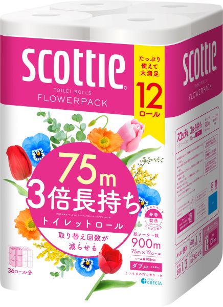 トイレットペーパー スコッティ フラワーパック ダブル 75m×12ロール 3倍長持ち 花の香り 香り付き ちり紙 トイレ用品 3倍巻 クレシア 日本製紙クレシアのサムネイル