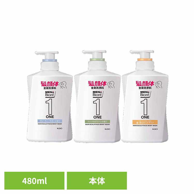 メンズビオレ ONE オールインワン全身洗浄料 本体 480ml 花王 ビオレ 全身洗浄料 男性 メンズ 髪 顔 体 皮脂・汗汚れ ボディーソープ 一体化 オールインワン MensBiore ポンプタイプ Kao フルーティーサボン ハーバルグリーン 髪・肌なめらか