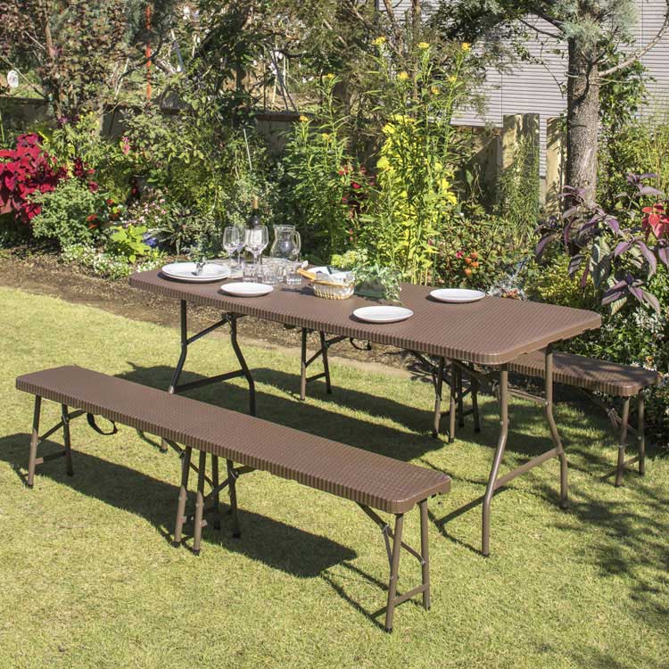 イージーキャリーダイニングテーブル・ベンチ ラタン調 3点セット 送料無料 ガーデンテーブル ガーデンチェア ガーデンテーブルセット ベンチ セット 折りたたみ アウトドア ガーデン用品 ガーデンファニチャー 【D】