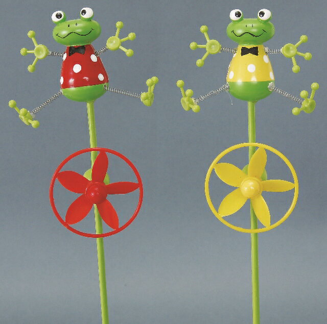 【全商品ポイントキャンペーン中】S2373　木製風車かえるピック　　4Pセット/ガーデニング/オブジェ/風車/ピック/かえる/カエル/ガーデン雑貨/ガーデニング雑貨のサムネイル