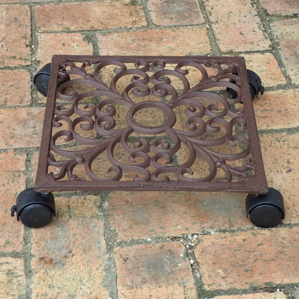 エッシャーデザイン：キャストアイアンの鉢キャリー・スクエア キャスター付幅29cm TG40