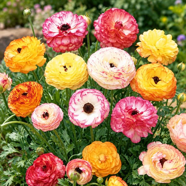 小型 秋植え球根 4月〜5月開花 花壇・鉢植え・切り花に球根/ラナンキュラス：複色混合50ml入り花が大きく鮮やかなラナンキュラス。地中海園芸原産のハナキンポウゲの園芸種です。花弁が何枚も重なった豪華な雰囲気と鮮やかな花色が魅力的。開花期には1株からたくさんの蕾が上がってきますが、少し摘み取ると大輪花を咲かせることができます。花壇、鉢植え、切花で大人気です。球根の形状が特殊なので、上下を間違えないように植えてください。球根の大きさにバラツキがあるため、内容量は容量表示となっています。植え時：9月〜12月開花期：4月〜5月草丈：30〜40cm栽培方法：日当たり、水捌けの良い場所が適します。肥料は植付け時と、花付きが悪くなったら与えると良いでしょう。ラナンキュラスは、植えつけしてすぐに水を与えると、球根が急に水を吸い過ぎて腐る場合があります。あらかじめ日陰で、湿らせた砂やバーミキュライトに置いて、ゆっくり吸水させてから植えましょう。写真は開花時のイメージです。※球根の表皮が剥けていたり、細かな傷がある場合がありますが、生育には支障ありません。ラナンキュラス：複色混合50ml入りの栽培ガイド秋植え球根のダブルデッカー植え球根の植付け秋植え球根【秋植え球根】植えつけ深さの目安