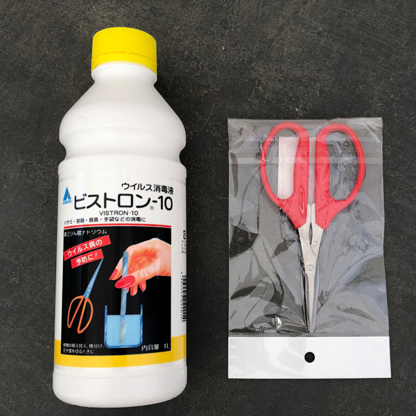 ビストロン-10（ウイルス消毒剤）1リットルとハサミ（日本製）：クラフト鋏　赤　先細（2242）のセット