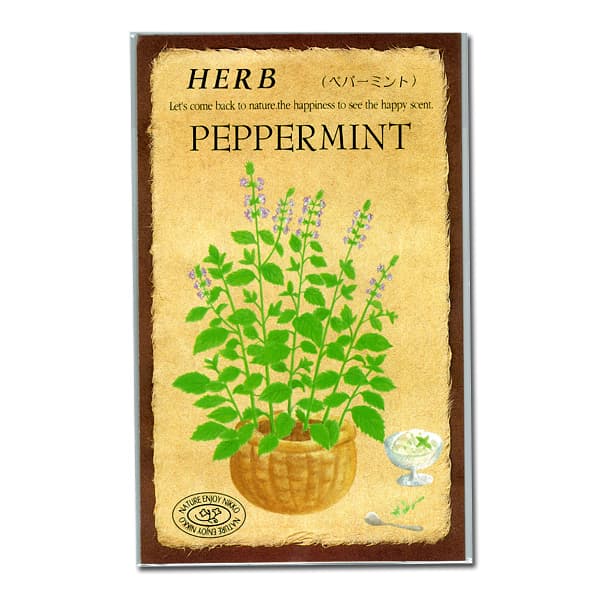 タネ・小袋 さわやかな香り　ハーブティーに　4〜6月、9〜10月まきミント： ペパーミントの種[ハーブのタネ]ペパーミントはハッカの香りで有名なハーブです。世界中で一番多く利用されているようです。日本でも古くより親しまれている代表的な品種です。丈夫で、日本の土壌でよく育ち、庭先に鮮やかな緑の茂みをつくります。生長すると60cmくらいになり、7月には先端に穂状の白花を着けます。お菓子の芳香づけやハーブティー、ハーブバスなど利用範囲も広い。花は小さくかわいく、花壇、鉢植えとして観賞するのも楽しみのひとつです。和名はセイヨウハッカといいます。タイプ：シソ科の耐寒性多年草まき時：4月〜6月、9月〜10月発芽適温：15〜20℃開花時期：7〜9月ごろ草丈：30〜100cm内容量：0.1ml利用方法 : さわやかなハッカの香りは、ハーブティーに最適。スッキリした気分で疲れも忘れるおいしさです。他に、サラダやお菓子、芳香剤など多く利用できます。ミント： ペパーミントの種[ハーブのタネ]の栽培ガイドハーブティ向けのハーブミント種まきの方法：容器の選び方種まきの方法：色々なタネハーブの育て方