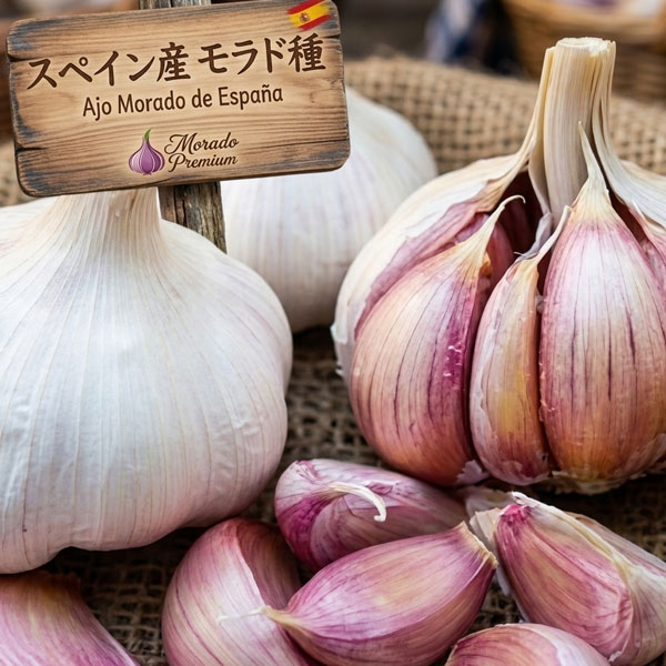 高級食材！野菜苗 時短で楽しめるポット植え 初心者の方にもピッタリ スペイン料理などに イチゴのコンパニオンプランツに野菜の苗/[26年10月中下旬予約]ニンニク：紫にんにく（モラド種）1芽 苗2.5号ポットスペイン産最高級の紫にんにく「モラド種」をご家庭で手軽に育てられる、根付きの7.5cmポット苗です。内皮が紫、実は白で、甘み、深いコク、マイルドな風味が特徴です。豊かなコクと強い香りを持ち、アヒージョなどの加熱料理に抜群の美味しさを発揮します。ポット仕様のためプランターや畑への植え付けが非常にスムーズ。にんにく栽培が初めての方にもおすすめです。暖地系のニンニクで、栽培方法は普通のニンニクと同じです。家庭菜園や、プランター、鉢などのコンテナ栽培でも収穫できます。芽や茎、葉も美味です。ニンニクを肥大させて収穫するには、4月頃から即効性肥料を与えてください。ニンニクは古代エジプト時代から疲労回復、栄養補給のために愛用されてきました。糖質、無機質、ビタミンB1が豊富な野菜で、神経症、冷え性、滋養強壮に効果があるばかりでなく、抗生物質並みに抗菌作用があるといわれます。科名：ヒガンバナ科（ユリ科）ネギ属植え付け：10月下旬〜11月中旬頃収穫：6月頃日照：日向むき栽培方法：冷涼な気候を好みますが、耐寒性はあまり強くありません。9月ころに種球の皮を取り、鱗片をばらしてよく日のあたる場所に植えつけます。株間は15cmくらいあけ、鱗片の上に5cmほど土をかけます。プランターでも栽培可能です。草丈15cmくらいのころに、2芽以上出ているものは小さい芽をかきとります。春になるとトウ立ちしてきますが、花を咲かせると球が太らないので、蕾が葉の先端から出たら摘み取ってください。肥料は11月下旬と3月上旬の2回、根元に化成肥料を施します。5〜6月ころ、球が肥大したものから抜き取り収穫します。乾燥させて保存する場合は、茎葉が黄変して葉の先端が3分の2くらい枯れてから引き抜き、根を切って4〜5日乾かして風通しのよい涼しい場所につるします。育て方：紫にんにく（モラド種）を苗（あるいは芽が出た状態の抜き苗）から育てる場合は、種球から育てるよりも初期の手間が省けます。植え付けは秋の涼しくなった時期に行います。まず、深さ20センチ以上のプランターか、しっかりと耕して元肥と苦土石灰を混ぜ込んだ畑を用意してください。苗を植える際は、株と株の間を10センチから15センチほど空け、苗の根元が土にしっかり隠れるくらいの深さに植え付けます。植えた直後は、根が土に落ち着くようにたっぷりと水をあげてください。冬の間の水やりは、土の表面が乾いたら天気の良い午前中にあげる程度にし、乾燥気味に管理するのがポイントです。モラド種は寒さに強いですが、もし霜や凍結が心配な地域であれば、株元にわらやマルチを敷いておくと安心です。成長のスイッチが入る春先までに、合計2回の追肥を行います。12月頃と、寒さが和らぐ2月下旬から3月頃に、株元に少量の化成肥料をパラパラと撒いて土となじませてください。春を過ぎた4月以降に肥料をあげてしまうと、球が病気になりやすくなったり、形が崩れたりするので注意が必要です。4月から5月頃になると、中心から「にんにくの芽（花茎）」が伸びてきます。これをそのままにしておくと栄養が花にとられてしまい、肝心の紫にんにくの球が大きく育ちません。そのため、芽が伸びてきたら早めに付け根からポキッと摘み取ってください。この摘み取った芽は、お肉と一緒に炒めると非常に美味しい食材になります。収穫の目安は5月下旬から6月頃です。全体の葉っぱが2/3ほど黄色く枯れてきたら、晴天が続いた日を狙って一気に引き抜きます。収穫したにんにくは、風通しの良い日陰に吊るしてしっかり乾燥させることで、モラド種特有の美しい紫色と強いコクが引き締まり、長期間保存できるようになります。＜紫にんにくを象徴する代表的なスペイン料理＞モラド種はスペインのカスティーリャ・ラ・マンチャ地方（特にペドロニェーラス）が一大産地として有名です。一般的な白にんにくに比べて風味やコクが非常に強く、加熱するとハーブのような華やかなアロマが引き立つため、オリーブオイルをたっぷり使う地中海料理やパスタ、肉・魚介のソテーなどに最も相性が良いとされています。・アヒージョ（Ajillo / Al Ajillo）: オリーブオイルと刻んだにんにくで具材を煮込む、日本でもおなじみの定番タパス（小皿料理）。・パエリア（Paella）: スペインを代表する米料理。具材を炒める最初の段階でモラド種を使用してオイルに香りを移します。・ソパ・デ・アホ（Sopa de Ajo）: スペイン伝統の「にんにくスープ」。アホ（Ajo）はスペイン語で「にんにく」を意味し、モラド種の強いコクと香りをダイレクトに味わえる料理です。・パン・コン・トマテ（Pan con tomate）: 軽く焼いたフランスパンに生のにんにくをこすりつけ、トマトやオリーブオイルをのせて食べるシンプルな料理。いちごとニンニクは非常に相性が良く、一緒に植えることで害虫や病気を防ぐ「コンパニオンプランツ」の効果が期待できます。ニンニクの根に生息する菌が病原菌の繁殖を抑え、独特の香りがアブラムシなどの害虫を寄せ付けないと言われているためです。1ポット1芽入りです。写真は収穫時のイメージですが、お届けの際は苗の状態です。■10月中旬〜10月下旬頃のお届けの予約販売です。・出荷開始予定：2026年10月中旬〜・注文締切日：2026年10月12日（月）午前7時まで・「10月中下旬予約」カテゴリ以外の商品とはご一緒にご注文いただけません。（商品名の頭に「[26年10月中下旬予約]」が付いている商品となります）・ご注文同士をおまとめすることはできません。送料はそれぞれにかかります。・お届け日のご案内は2026年10月13日（火）以降にメールにてお知らせします。お届け日指定はお受けできませんが、曜日や時間帯のご指定は承ります。（受信できるアドレスにてご注文お願いします。）・品種・作柄によりお届け時期が変更になったり、お届けできなくなる場合がございます。[26年10月中下旬予約]ニンニク：紫にんにく（モラド種）1芽 苗2.5号ポットの栽培ガイドコンパニオンプランツニンニクの育て方