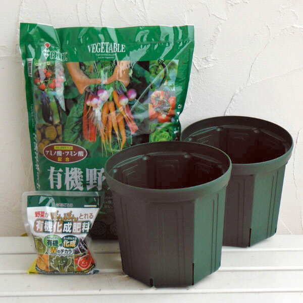 野菜用 とんでもないポット：8号CSM-240（モスグリーン）2個と土と肥料のセット