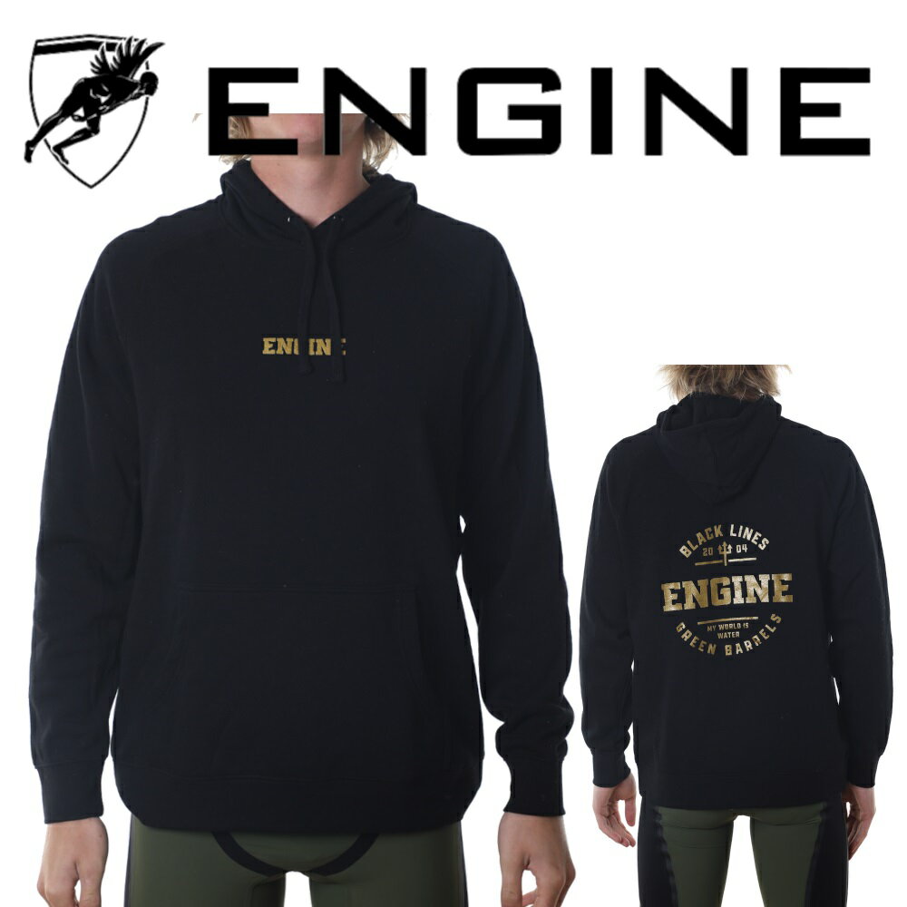 【輸入品】ENGINE Black Lines Hoodie 大きめ パーカー 男女兼用 全年齢対象 カンガルーポケット フリース バックプリント 黒 ゴールド 送料無料