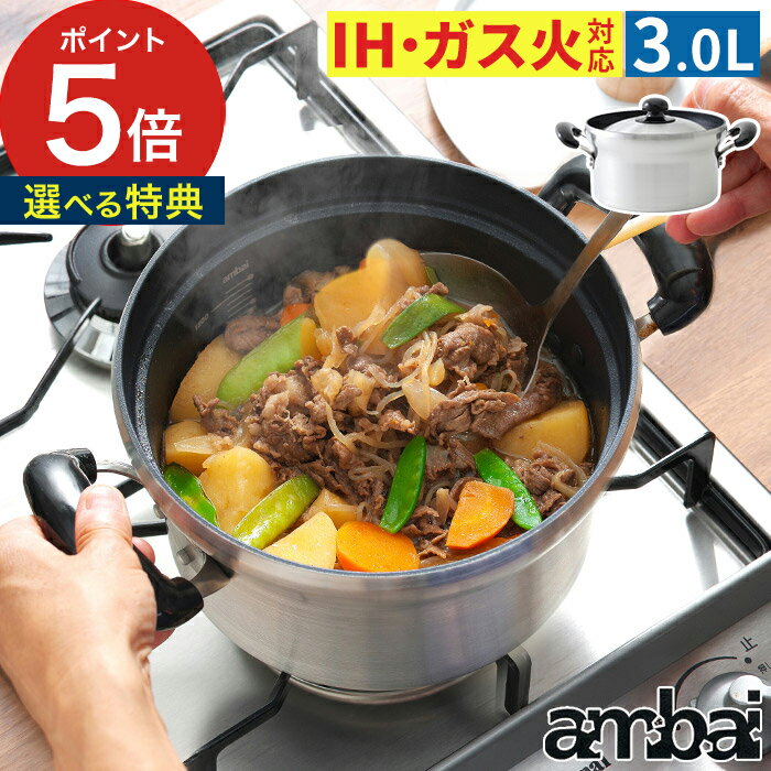 ambai アンバイ 両手鍋 深型 日本製【365日出荷＆特典付き】 ih 炊飯鍋 炊飯 ガスコンロ フッ素樹脂加工 おしゃれ テフロン アルミ 3L 2L 煮物 揚げ物 揚げ鍋 炒め物 ごはん鍋 万能鍋 昭和レトロ パスタ鍋 [ ポイント5倍 送料無料 ] [ あんばい 文化鍋 IH対応 HAK-010 ]