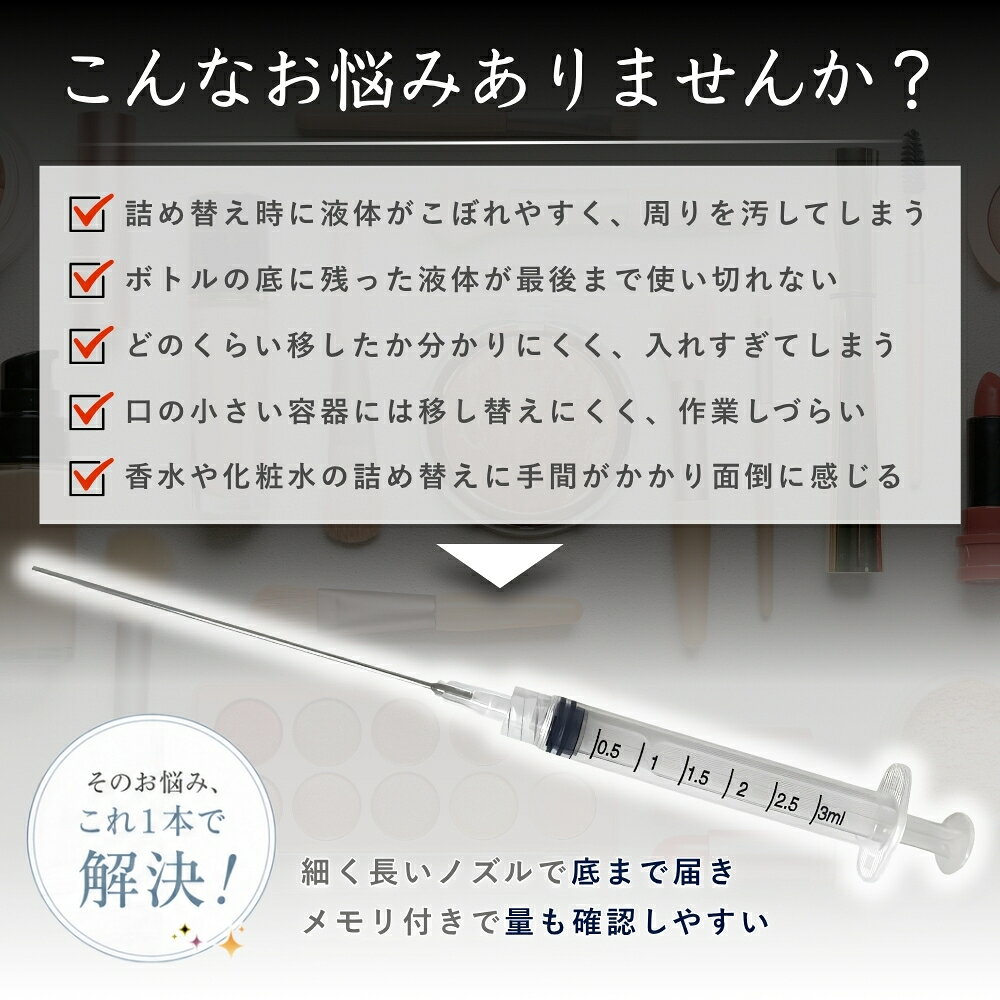 【お買い物マラソン★限定クーポン＆全品ポイント2倍！開催中】コスメティックスポイト 3ml 目盛り付き ロングノズル 詰め替えスポイト 注射器型スポイト 化粧品 香水 化粧水 小分け トラベル用 透明 enigumachan22-10000585 美と健康のしずく サンプル画像2