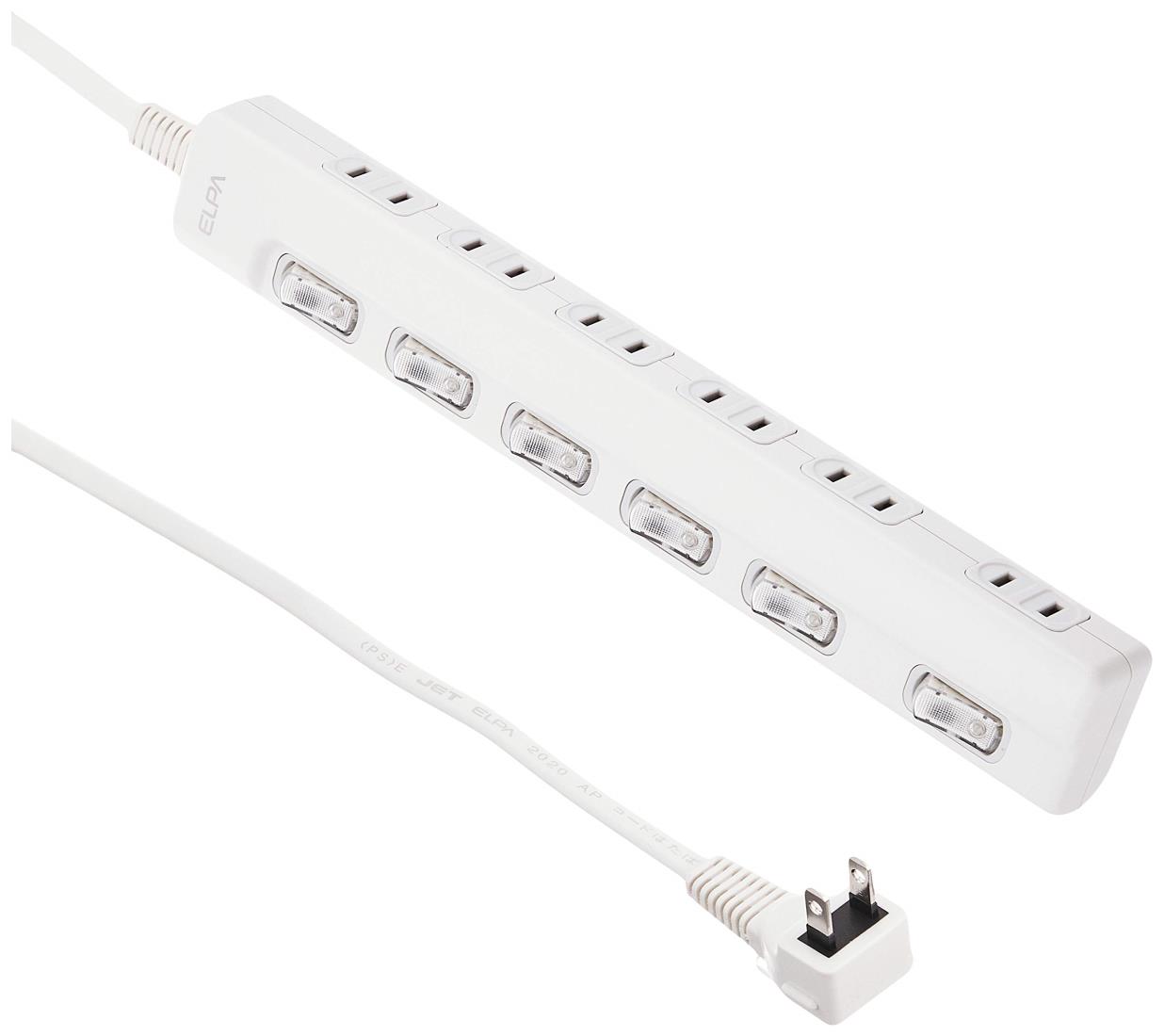 エルパ(ELPA) スイッチ付タップ コンセント 延長コード LED 横差し 6個口 2m WLS-LY62EB(W)