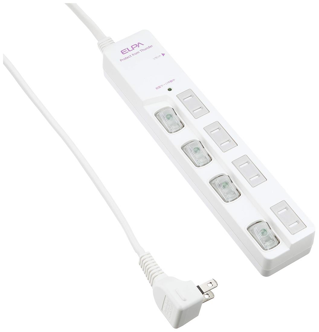 エルパ (ELPA) スイッチ付タップ 雷ガード コンセント 延長コード LED 上差し 4個口 2m ブレーカー WLS-LU420SB(W)