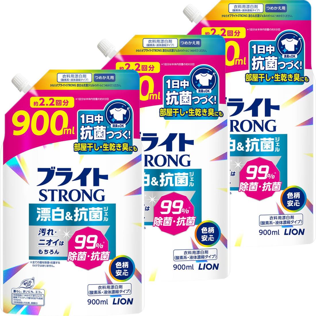 まとめ買い ブライトSTRONG 漂白＆抗菌ジェル つめかえ用 酸素系液体漂白剤 900ml×3個