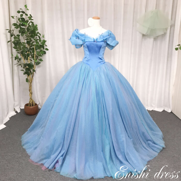 カラードレス 色変更 ブルー ウェディングドレス シンデレラ 光沢 キラキラ 結婚式 披露宴 二次会 前撮り パーティー花嫁ドレス かわいい エレガント 豪華 蝶々 オーダーメイド サイズオーダー