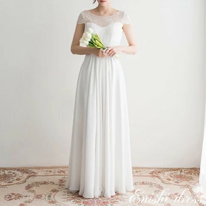 ウェディングドレス バックリボン 後面V字 ソフトシフォン オフホワイト シンプル 結婚式 披露宴 二次会 前撮り パーティー かわいい エレガント 豪華 ハンドメイド サイズオーダー