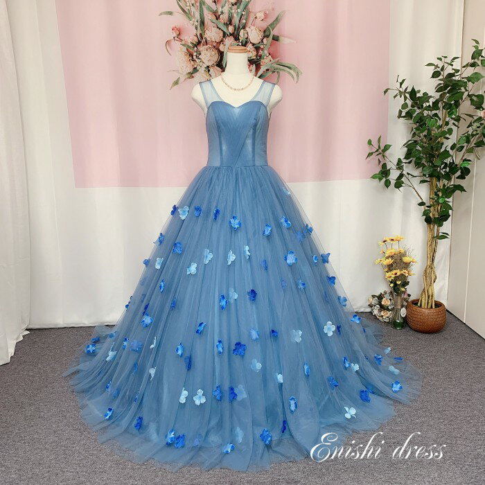 オーバードレス ブルーグレー 花柄 造花 ウェディングドレスの色直し 結婚式 披露宴 二次会 前撮り パーティー 装飾 …