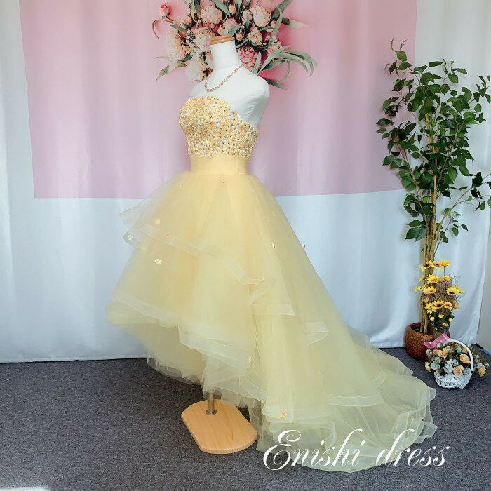 ウェディングドレス イエロー カラードレス 黄色 前短後ろ長い 造花 プリンセスライン 二次会 花嫁 ドレス 前撮り 後撮り フォトウェディング 結婚式 披露宴 パーティー かわいい 豪華 ハンドメイド サイズオーダー オーダーメイド無料 色変更可