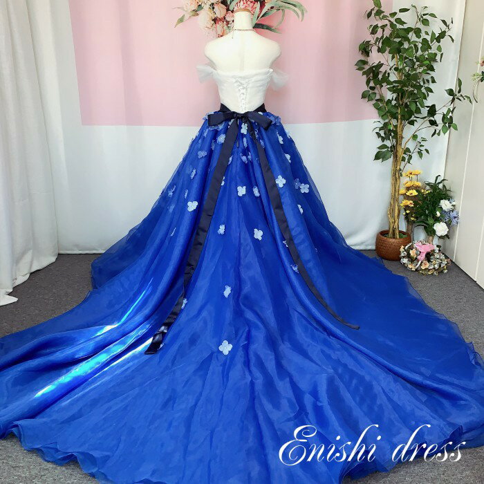 オーバースカート 花びら　造花 オーガンジー リボン　ウェディングドレスの色直し ブルー　青い　アクセサリー 色変…