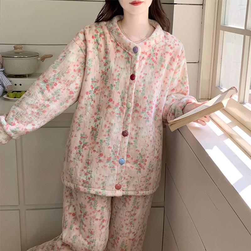 magnifico18のパジャマ ルームウェア レディース 部屋着 セットアップ 長袖 ロングパンツ 秋 冬 前開き ふわふわ モコモコ かわいい 厚い 快適 耐久性 通気性 少女 ソフト 普段着 旅行 女子会｜アングル2