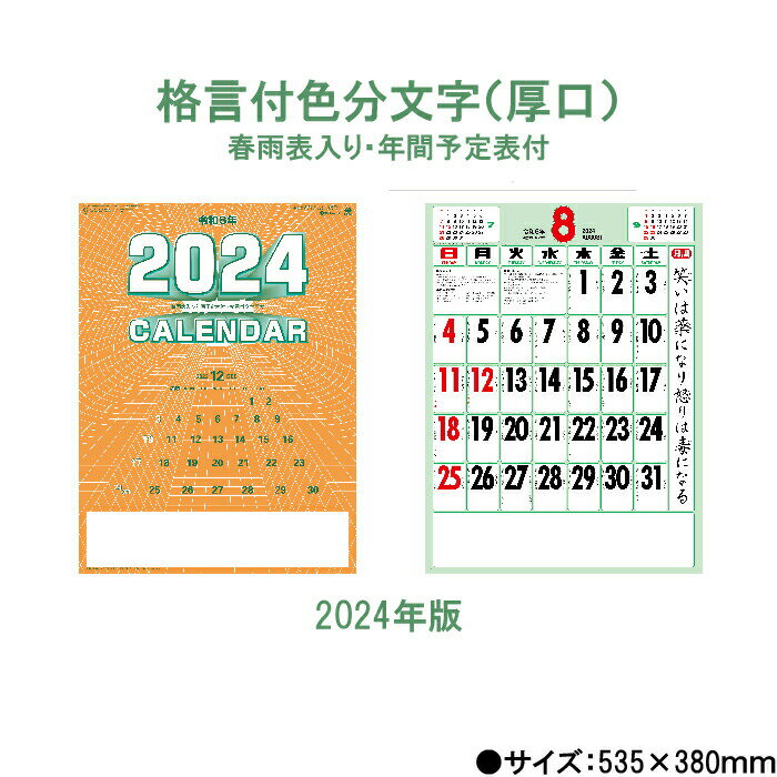 カレンダー 2024年 壁掛け 格言付色分文字(厚口) 晴雨表入り 年間予定表付き SG253 2024年版 46/4切 シンプル おしゃれ スケジュール 便利 文字月表 晴雨表入り 237854