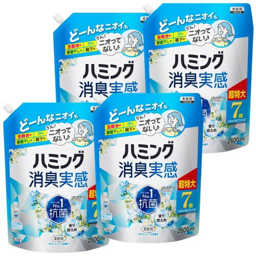 ハミング ケース販売消臭実感 柔軟剤 つめこみ洗いも、部屋干しも、無敵消臭! 内No.1抗菌 ホワイトソープの香り つめかえ用 2,600ml×4個 大容量
