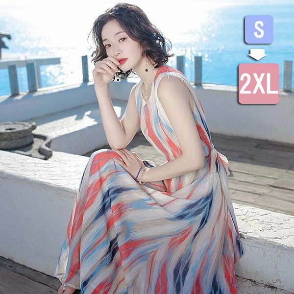樂天商城 - 夏 シフォン プリント柄 ビー ベルト付き 海 ワンピース ロング丈 リゾート タンクトップ ノースリーブ 透け感 マキシワンピース