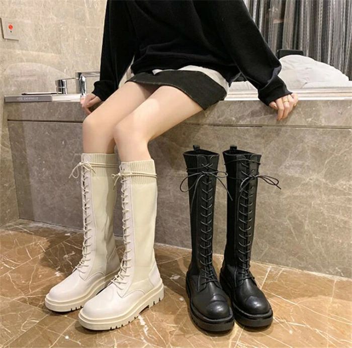 ジョッキーブーツ ロングブーツ 膝丈 美脚 歩きやす 厚底靴 レディース ストレッチ ニーハイブーツ 編み上げ ローヒール靴
