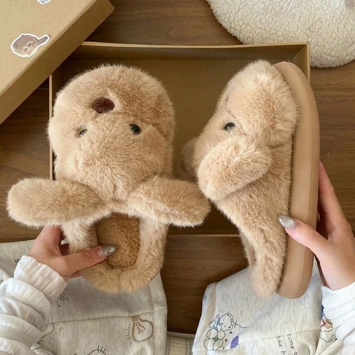 子犬の形 ハウスシューズ 暖かい滑り止め ルームシ キュートな子犬ふわふわスリッ...