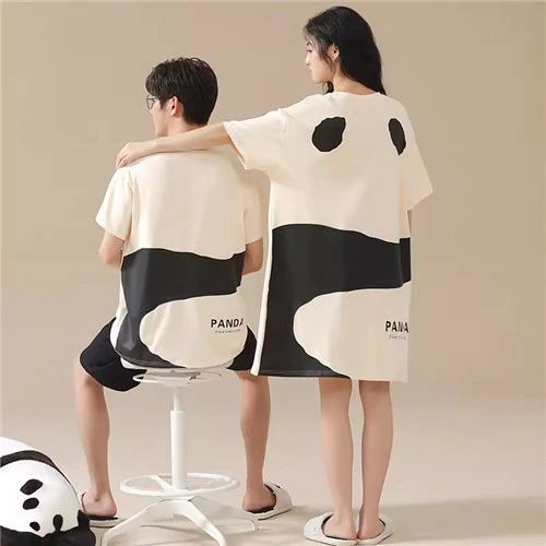 おしゃれ ギフト ペアパジャマ レディース 外出 ワンピース ルームウェア メンズ パンダ ベージュ 綿100% 夏 半袖 パジャマ