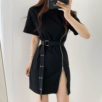 ラウンド 韓国 流行 トレンド スリム タイト ショート丈 ミニ丈 半袖 ファスナー ハイウエスト レディ..