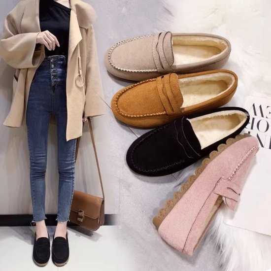 ファー シンプル フラットシューズ 4color ラウンドトゥ ローヒール レディース レトロ 1.5cmヒール かわいい 内起毛 スエード