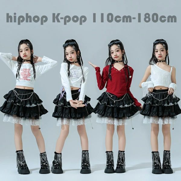 Rakuten - h ダンスウェア キッズ 演出服 団体服 舞台 黒スカート 白ベスト 赤Tシャツ 白Tシャツ セットアップ おしゃれ 女の子 ダンス衣装